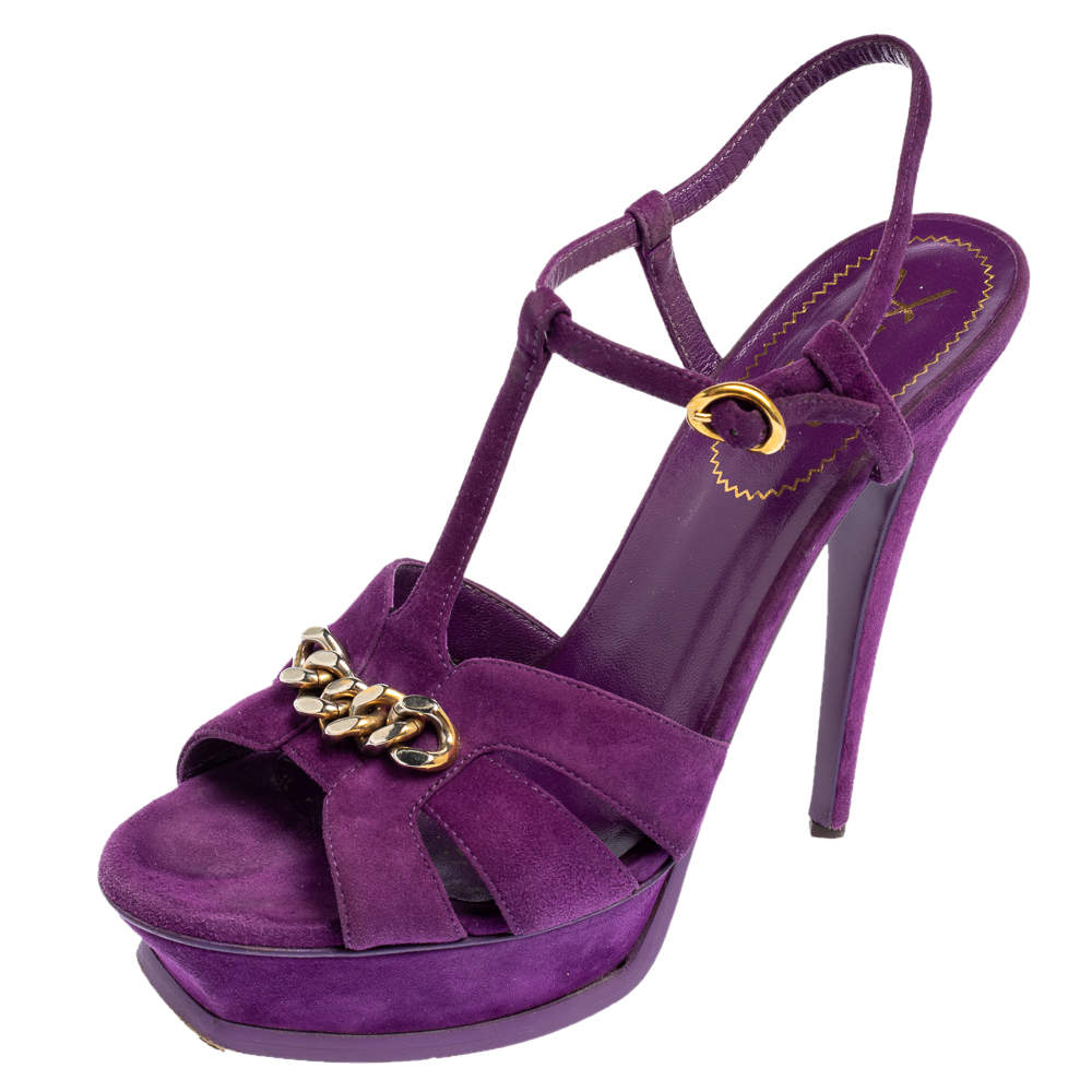 Pre Owned  Yves Saint Laurent Purple Suede Tribute Chain Detail Platform Sandals Size 39