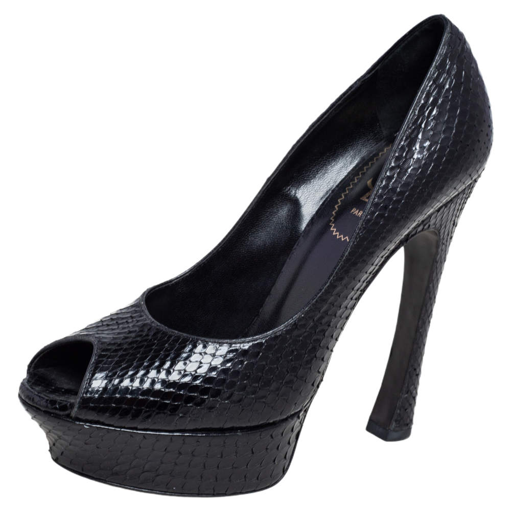 Pre Owned Yves Saint Laurent Black Snakeskin Palais Platform Peep Toe Pumps Size 39