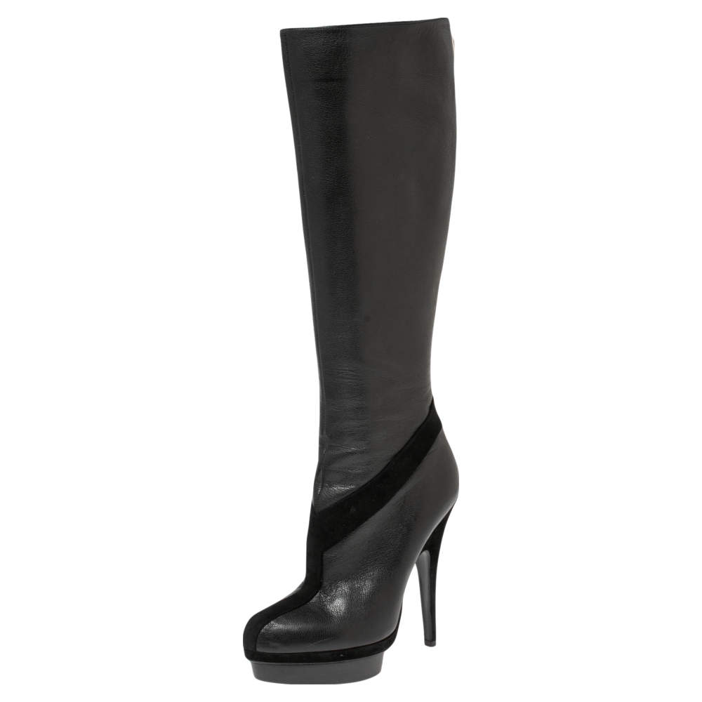 Pre Owned حذاء بوت أيف سان لوران سويدي أسود وجلد نعل سميك بطول الركبة مقاس 37