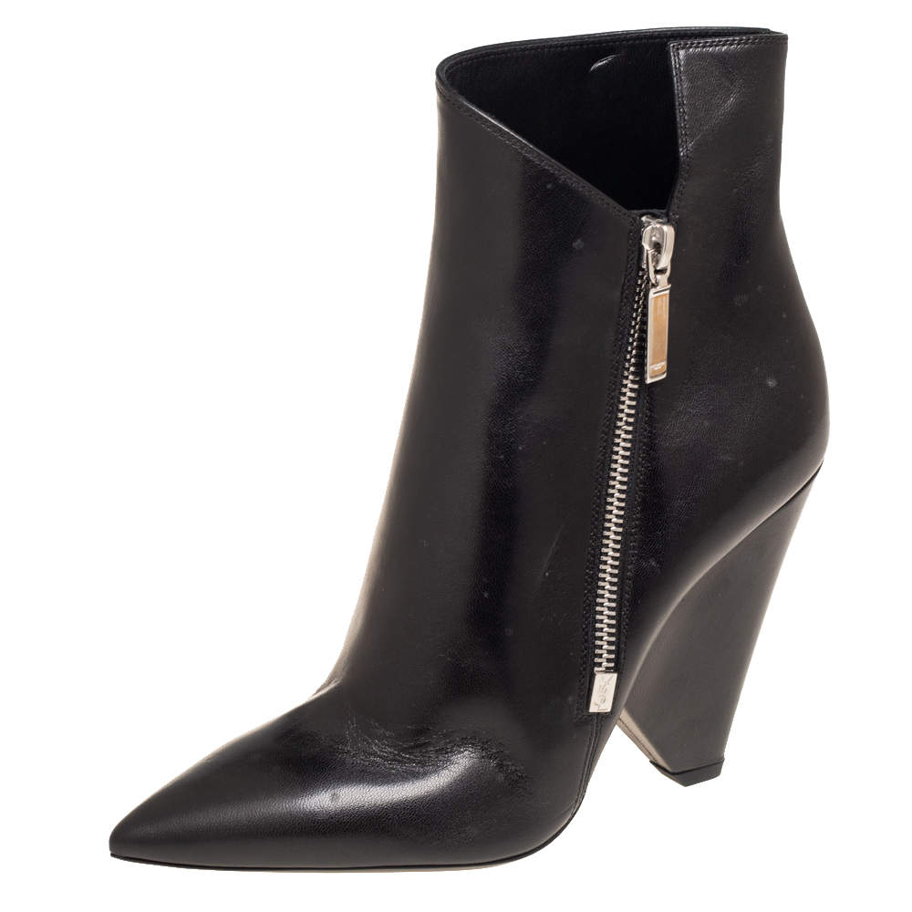 Pre Owned Yves Saint Laurent Black Leather Side Zip Ankle Boots Size 37