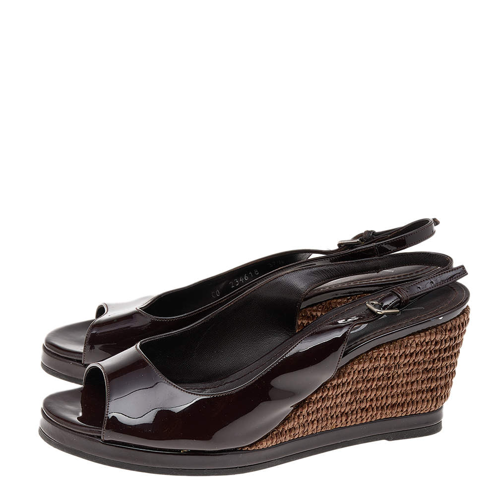 Pre Owned Yves Saint Laurent Dark Brown Patent Leather Wedge Slingback Sandals Size 37.5