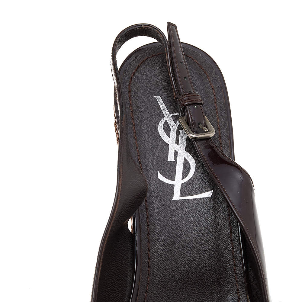 Pre Owned Yves Saint Laurent Dark Brown Patent Leather Wedge Slingback Sandals Size 37.5
