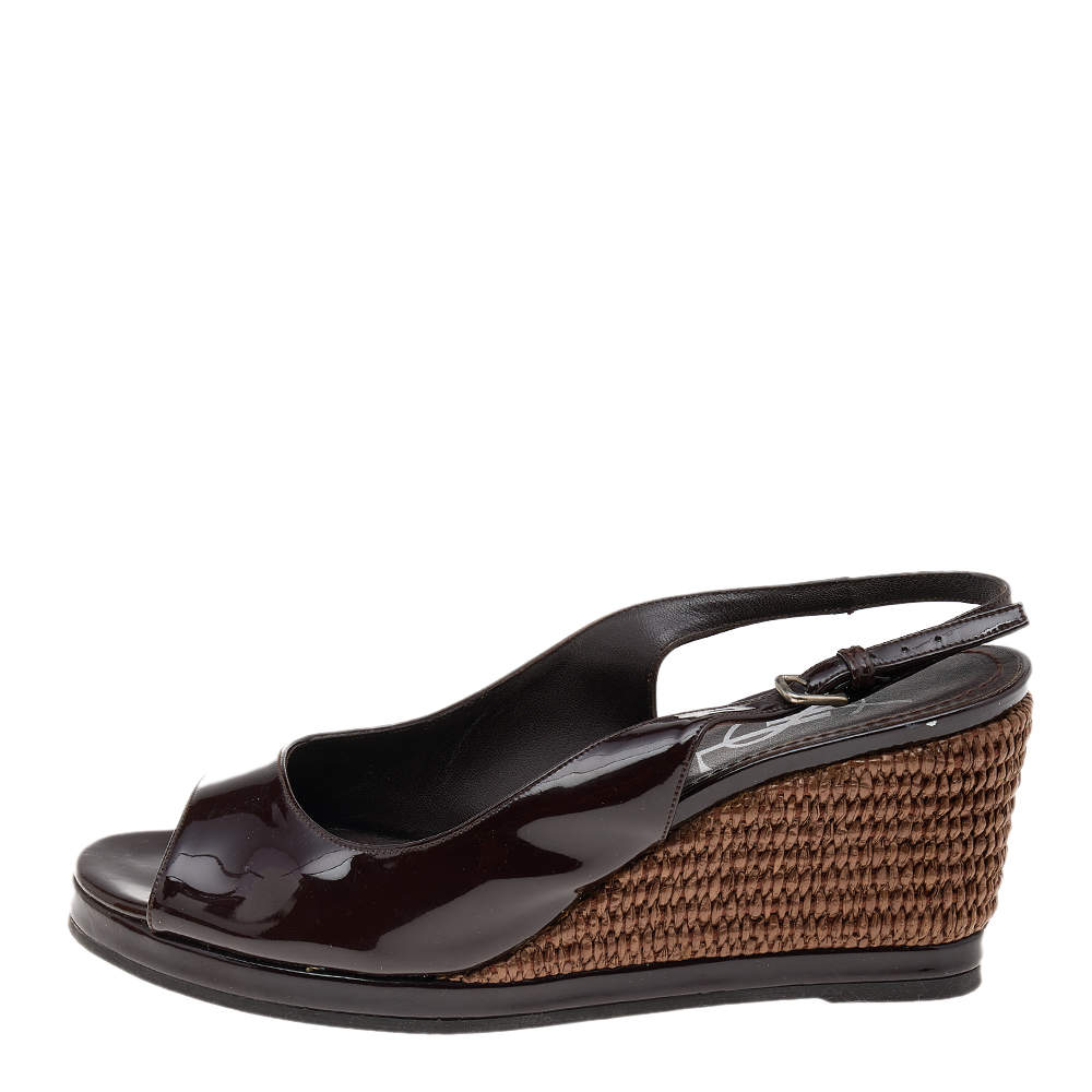 Pre Owned Yves Saint Laurent Dark Brown Patent Leather Wedge Slingback Sandals Size 37.5