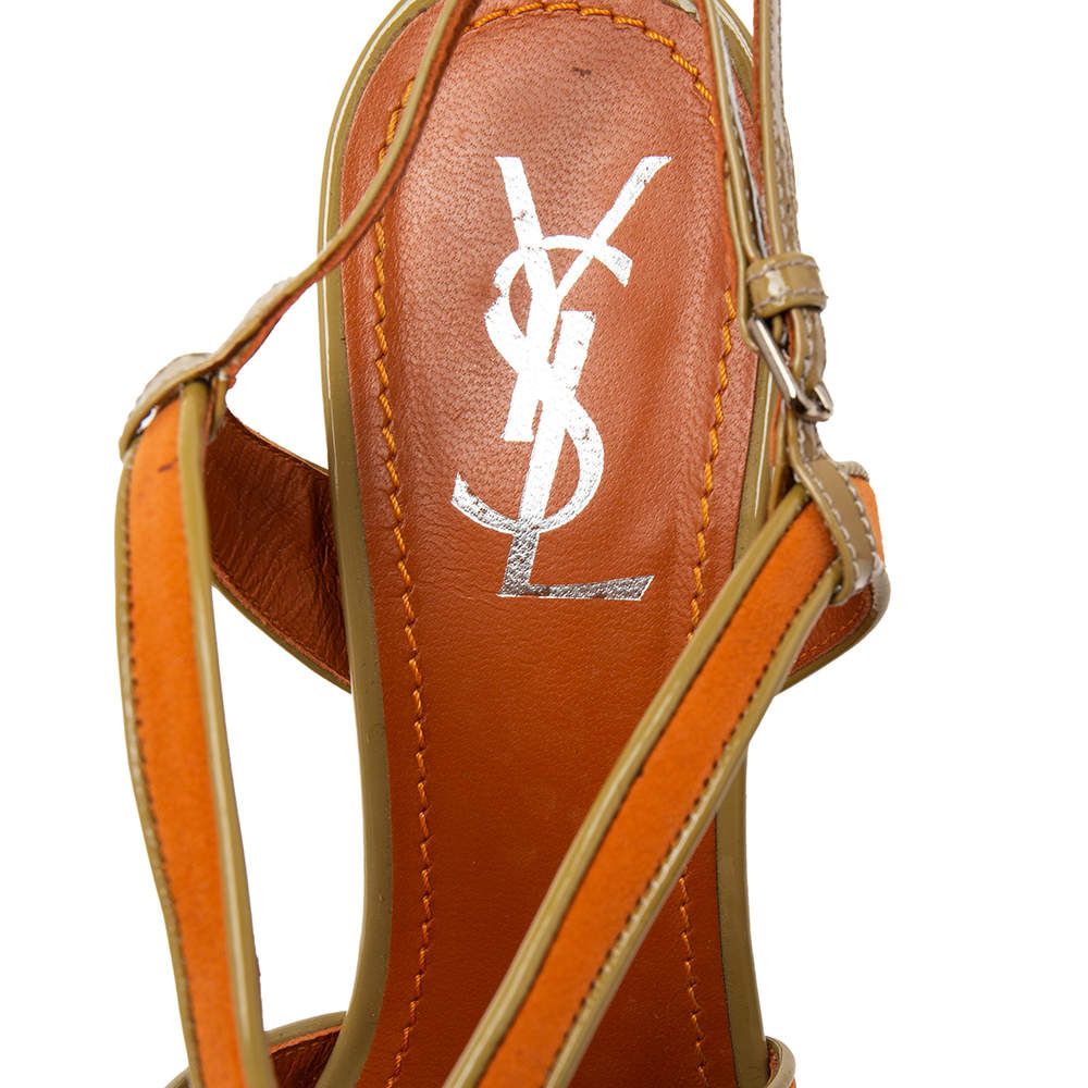 Pre Owned Saint Laurent Orange Nubuck Leather Strappy Platform Sandals Size 39.5 
