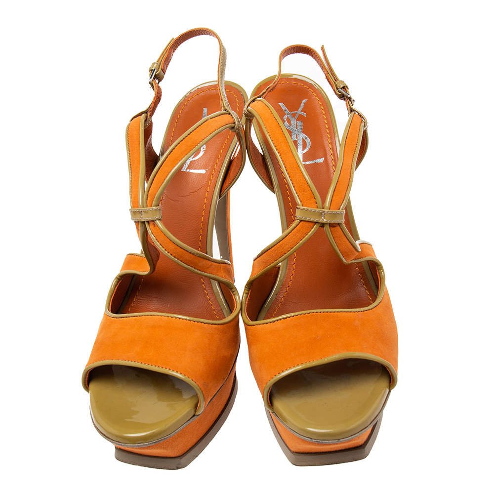Pre Owned Saint Laurent Orange Nubuck Leather Strappy Platform Sandals Size 39.5 