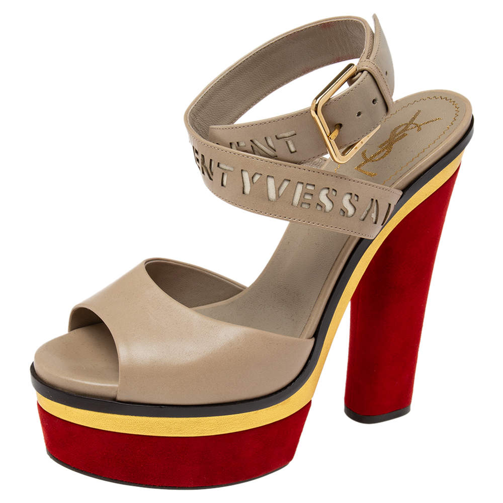 مملوكة مسبقًا Yves Saint Laurent Multicolor Leather And Suede Platform Ankle Wrap Sandals Size 38.5