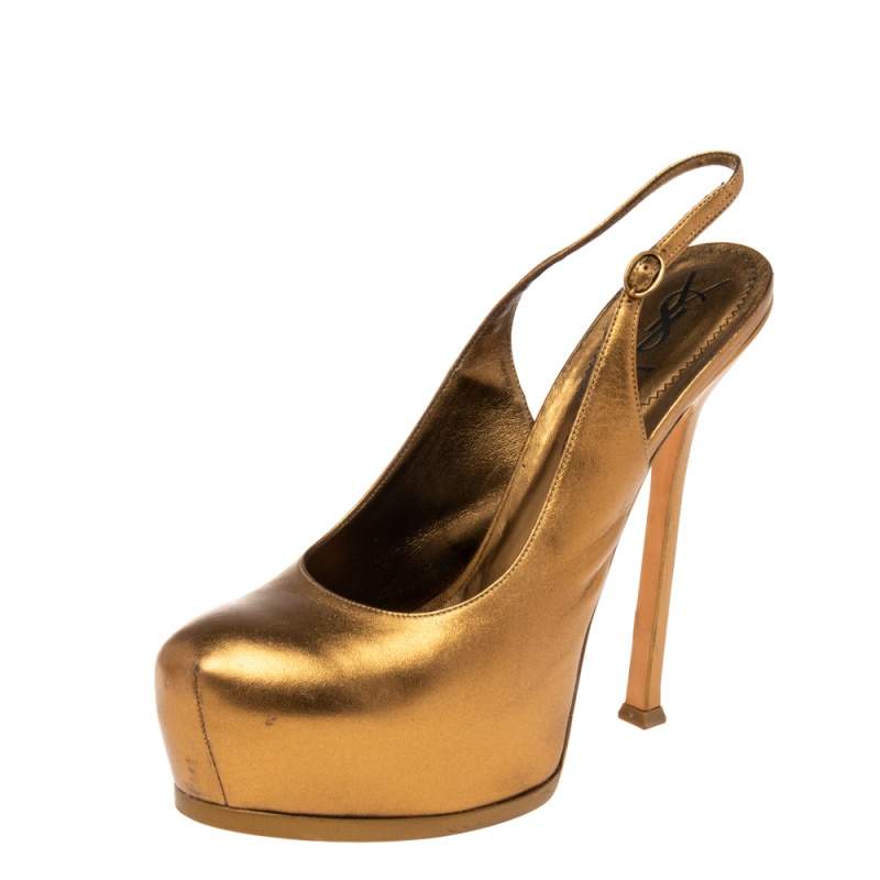 Pre Owned حذاء كعب عالي ايف سان لوران تريبتو جلد برونزي ميتاليك فتحة كعب مقاس 41