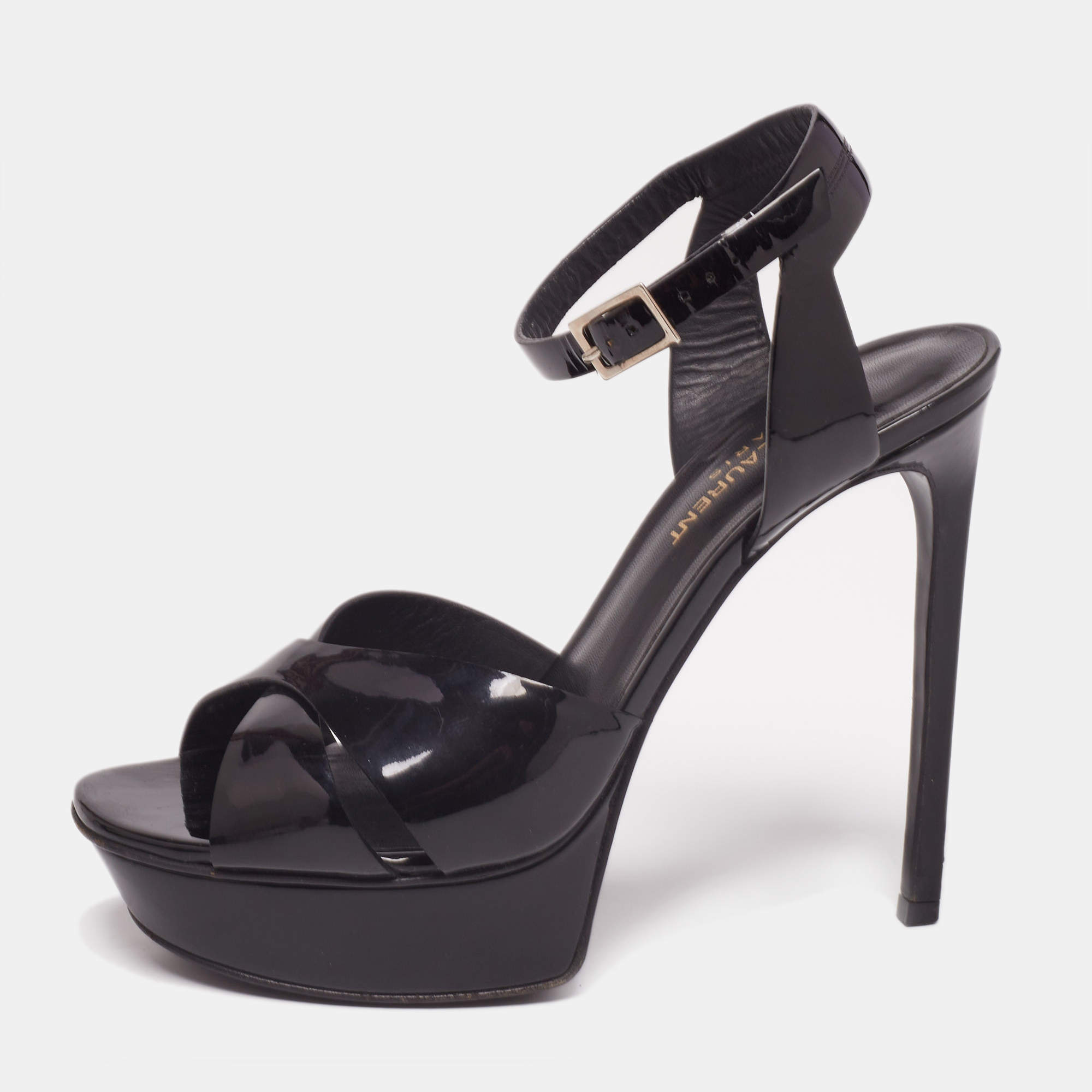 Pre Owned صندل إيف سان لوران جلد لامع أسود نعل سميك سير كاحل مقاس 39