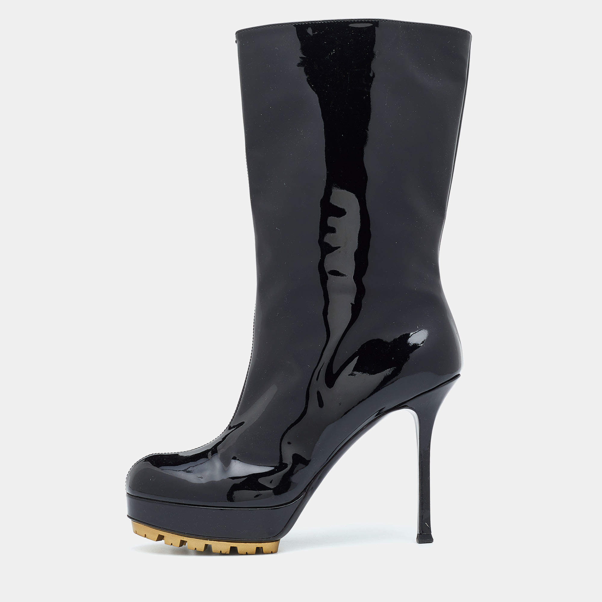 Pre Owned Yves Saint Laurent  Black Patent Leather Mid Calf Length Boots Size 40