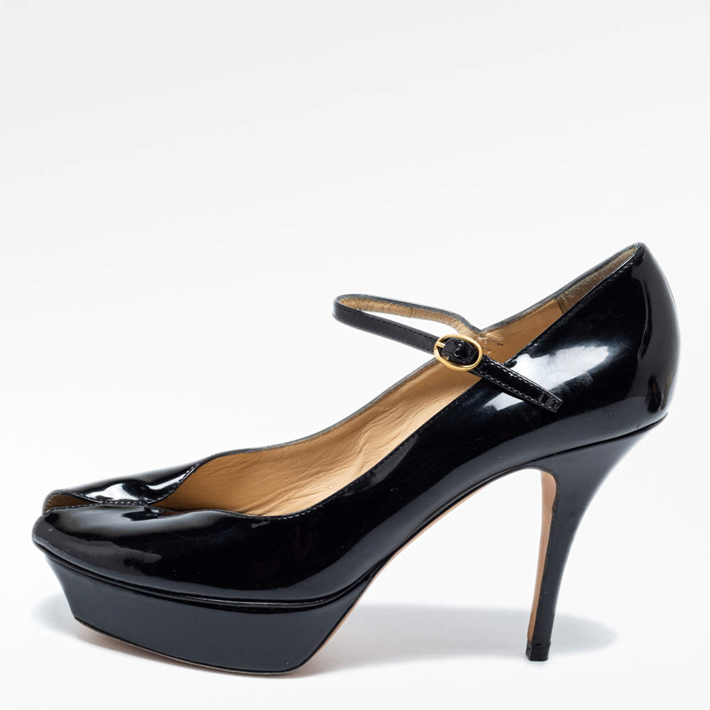 Yves Saint Laurent Black Patent Leather Peep Toe Ankle Strap Pumps Size 39