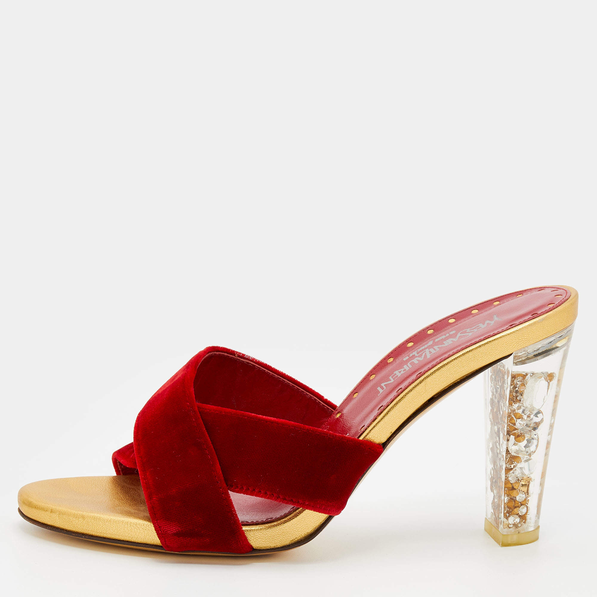 Pre Owned Yves Saint Laurent Red Velvet Criss-Cross Rhinestone Heel Slide Sandals Size 39