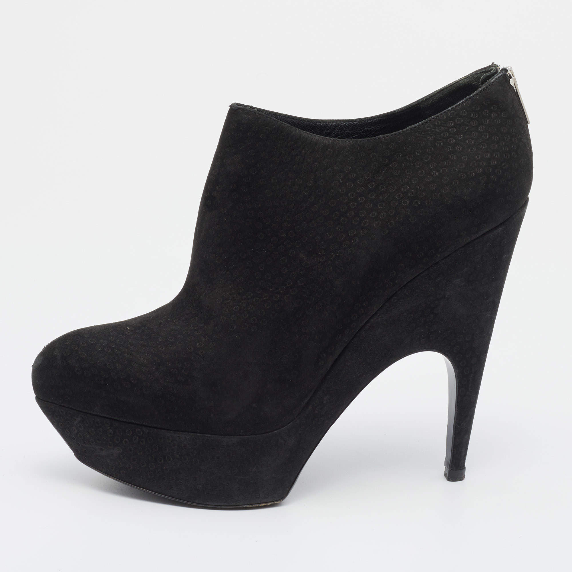 Pre Owned Yves Saint Laurent Black Textured Nubuck Leather Platform Booties Size 40