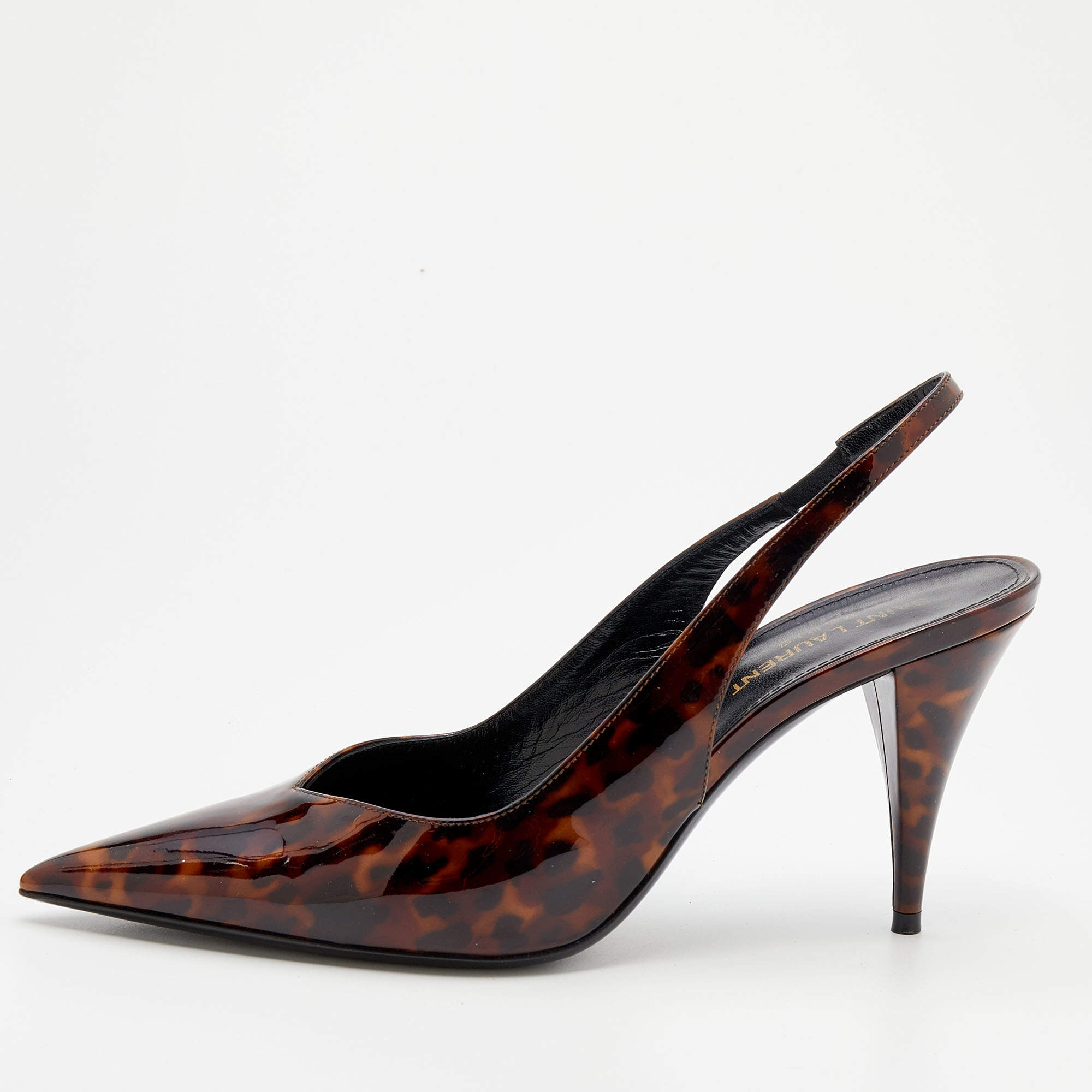 Pre Owned Saint Laurent Brown Leopard Patent Leather Slingback Sandals Size 38