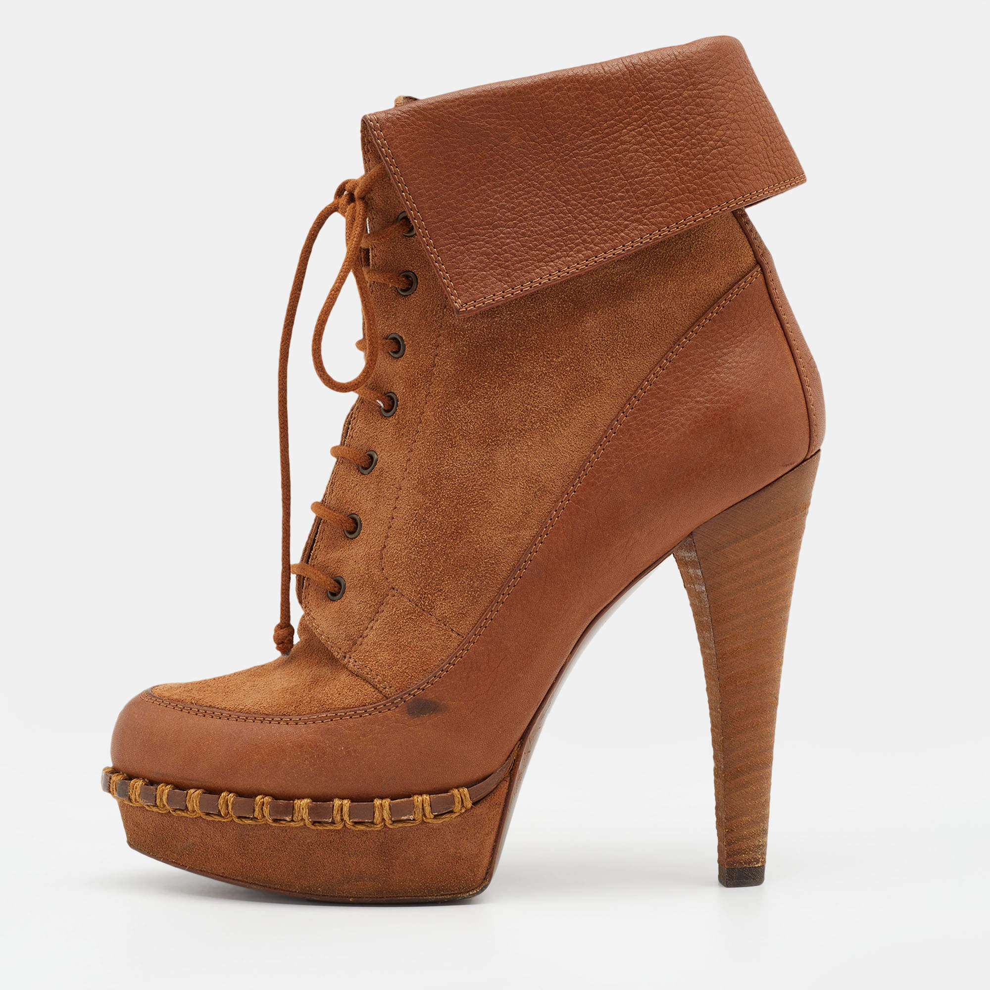 مملوكة مسبقًا Yves Saint Laurent Brown Suede and Leather Platform Ankle Length Boots Size 38