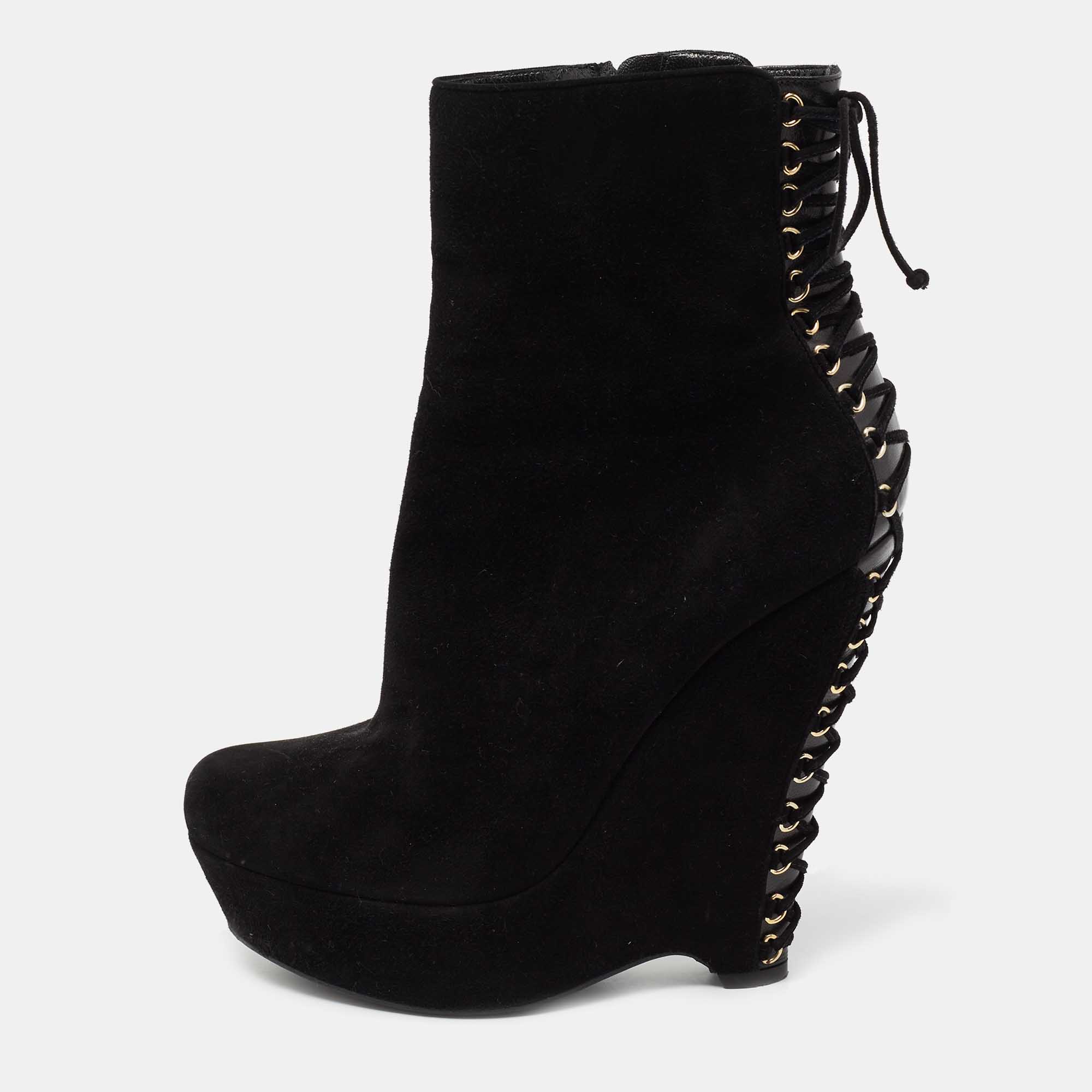 Pre Owned Yves Saint Laurent Black Suede Lace Up Madge Ankle Length Wedge Boots Size 41.5