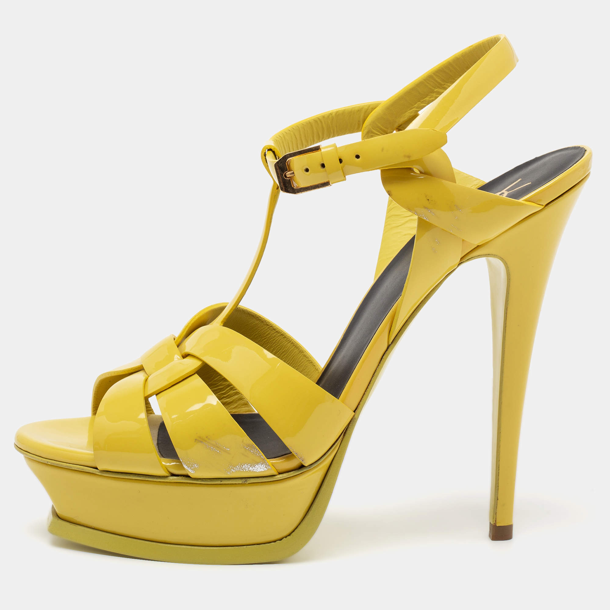 Pre Owned Yves Saint Laurent Yellow Patent Leather Tribute Platform Sandals Size 40