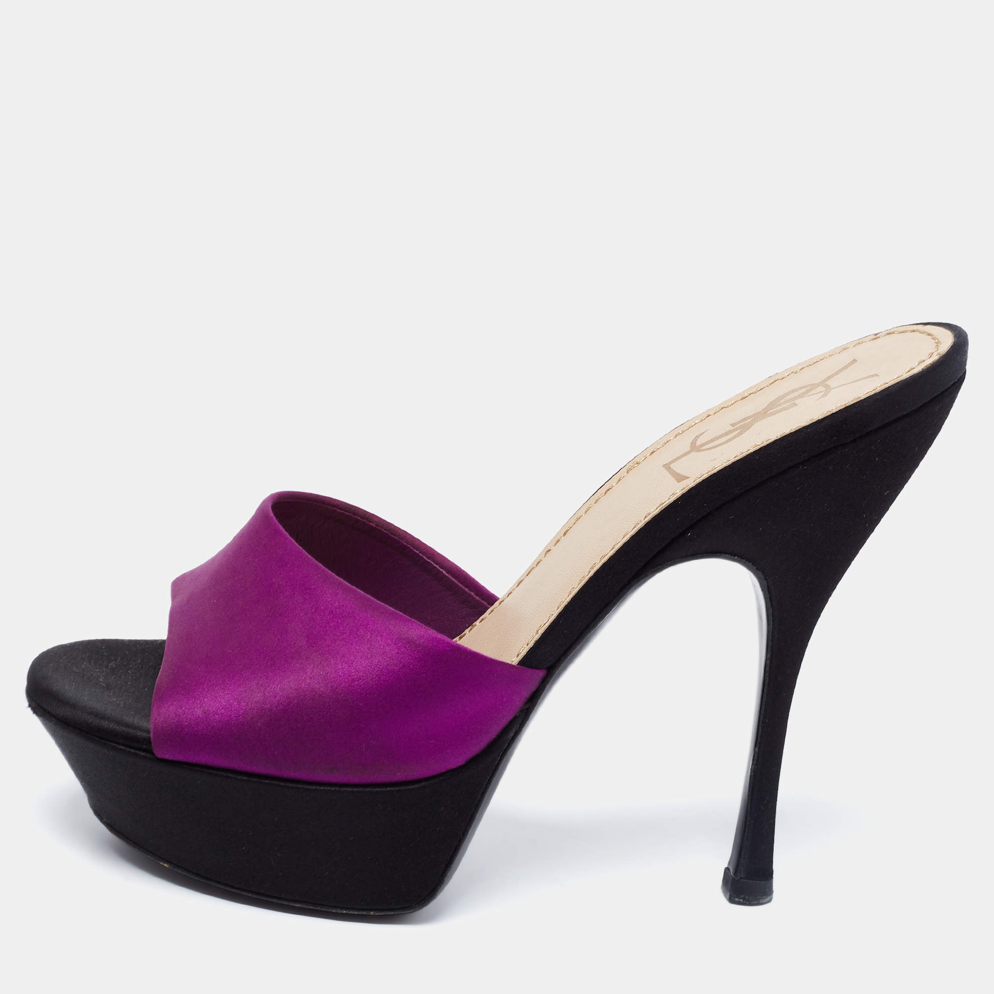 Yves Saint Laurent Purple/Black Satin Platform Slide Sandals