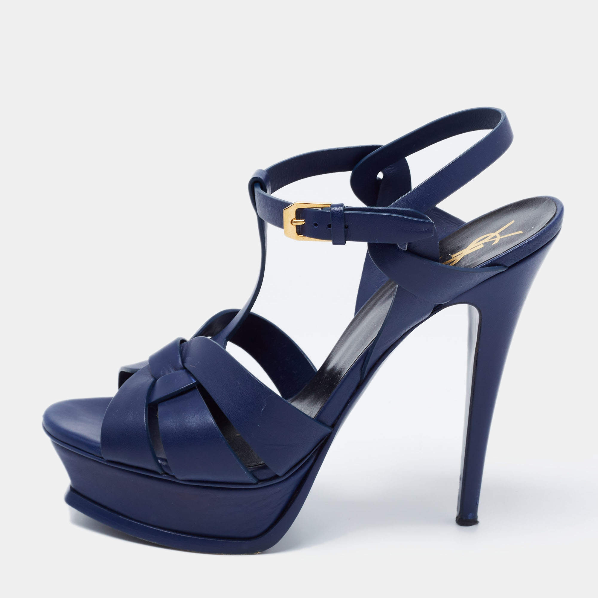 Pre Owned Yves Saint Laurent Navy Blue Leather Tribute Sandals Size 39