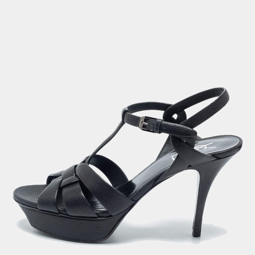 Pre Owned Yves Saint Laurent Black Leather Tribute Sandals Size 39.5