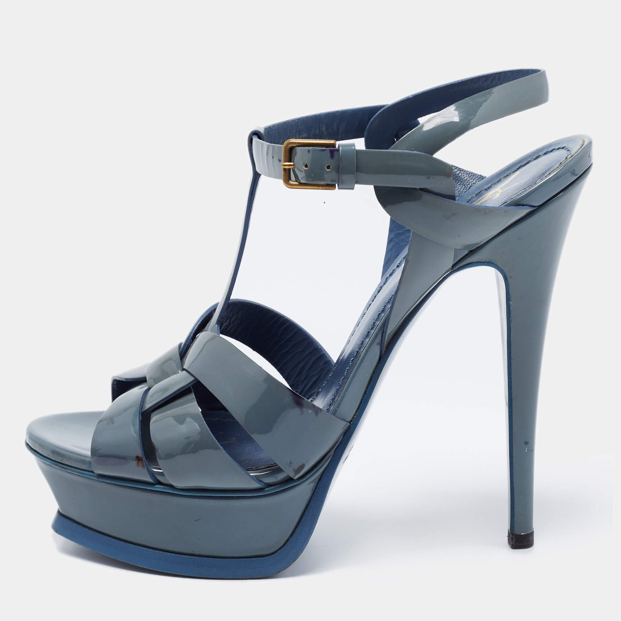 Pre Owned Yves Saint Laurent Grey Patent Leather Tribute Sandals Size 37