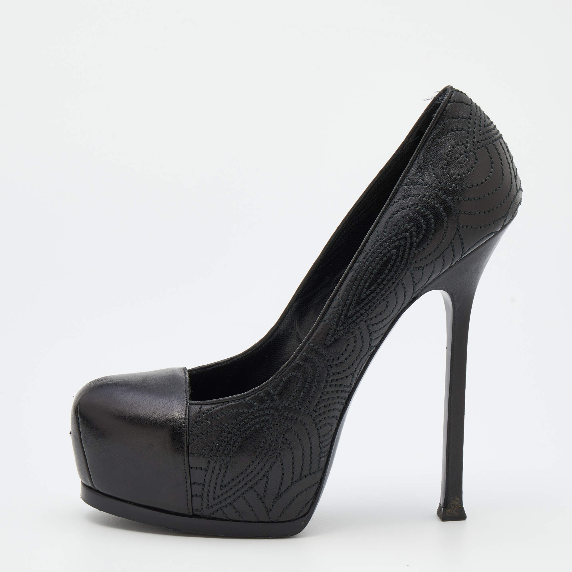 Pre Owned Yves Saint Laurent Black Leather Tribtoo Platform Pumps Size 38