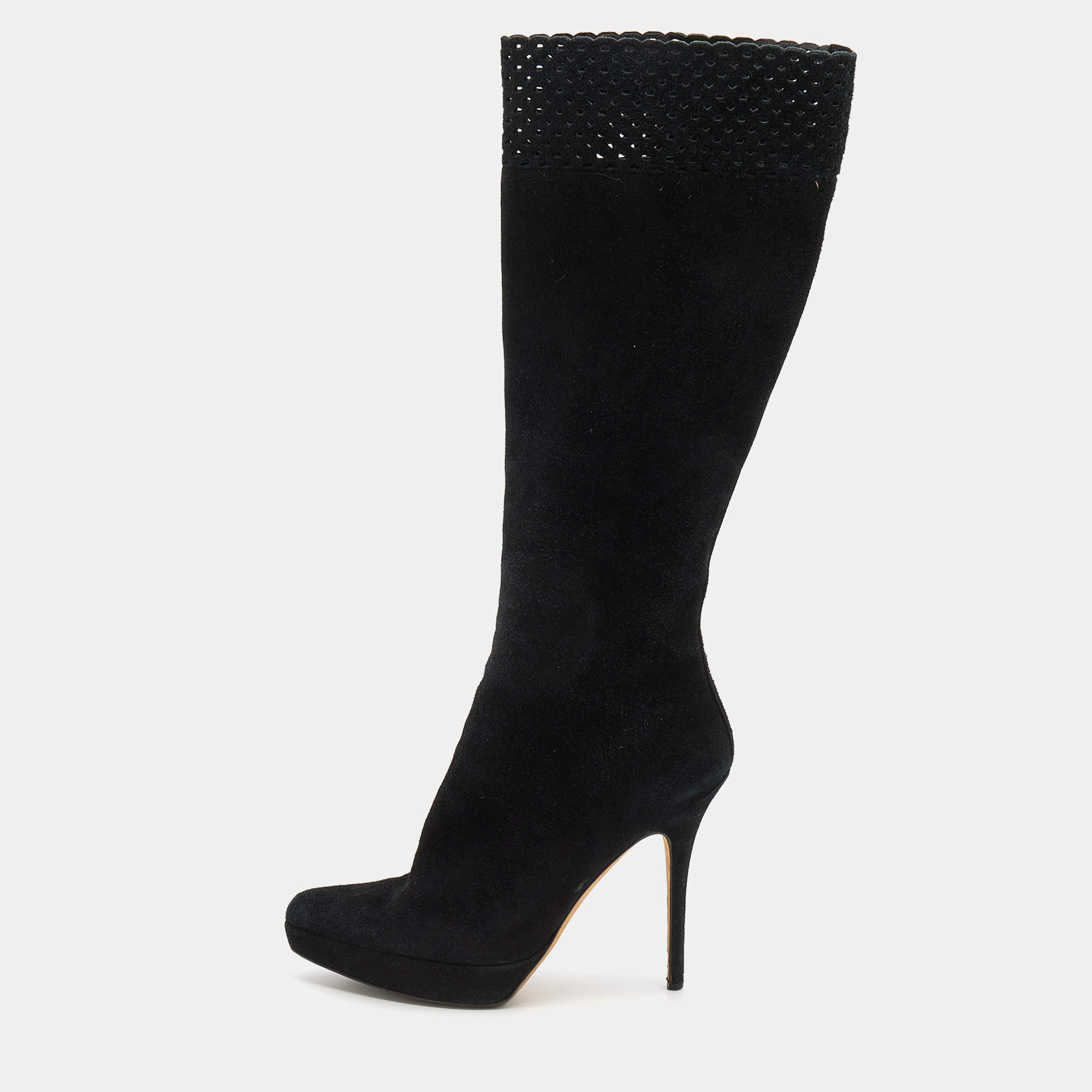 Pre Owned Yves Saint Laurent Black Suede Platform Knee Length Boots Size 40