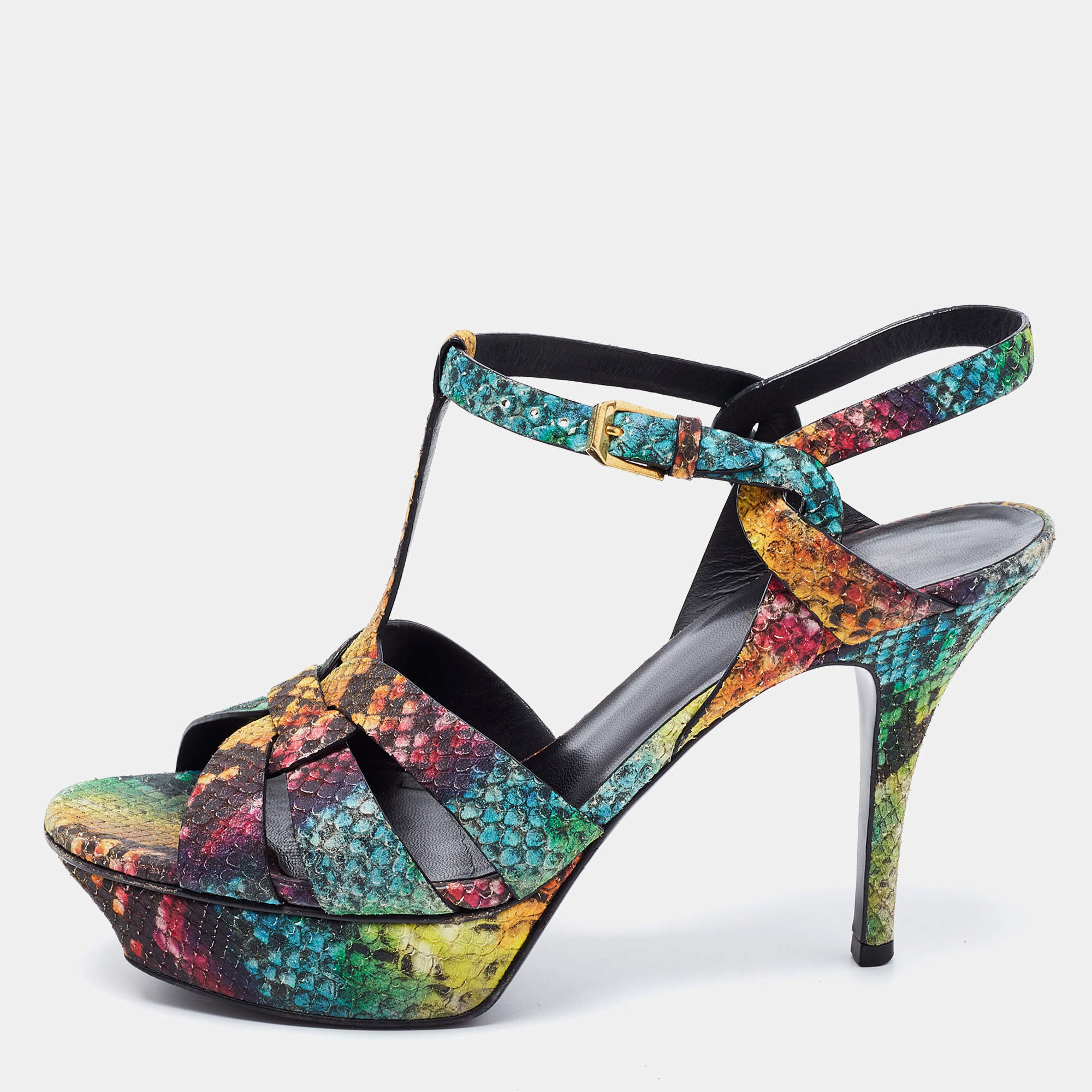 Pre Owned Yves Saint Laurent Multicolor Python Embossed Leather Tribute Sandals Size 38.5