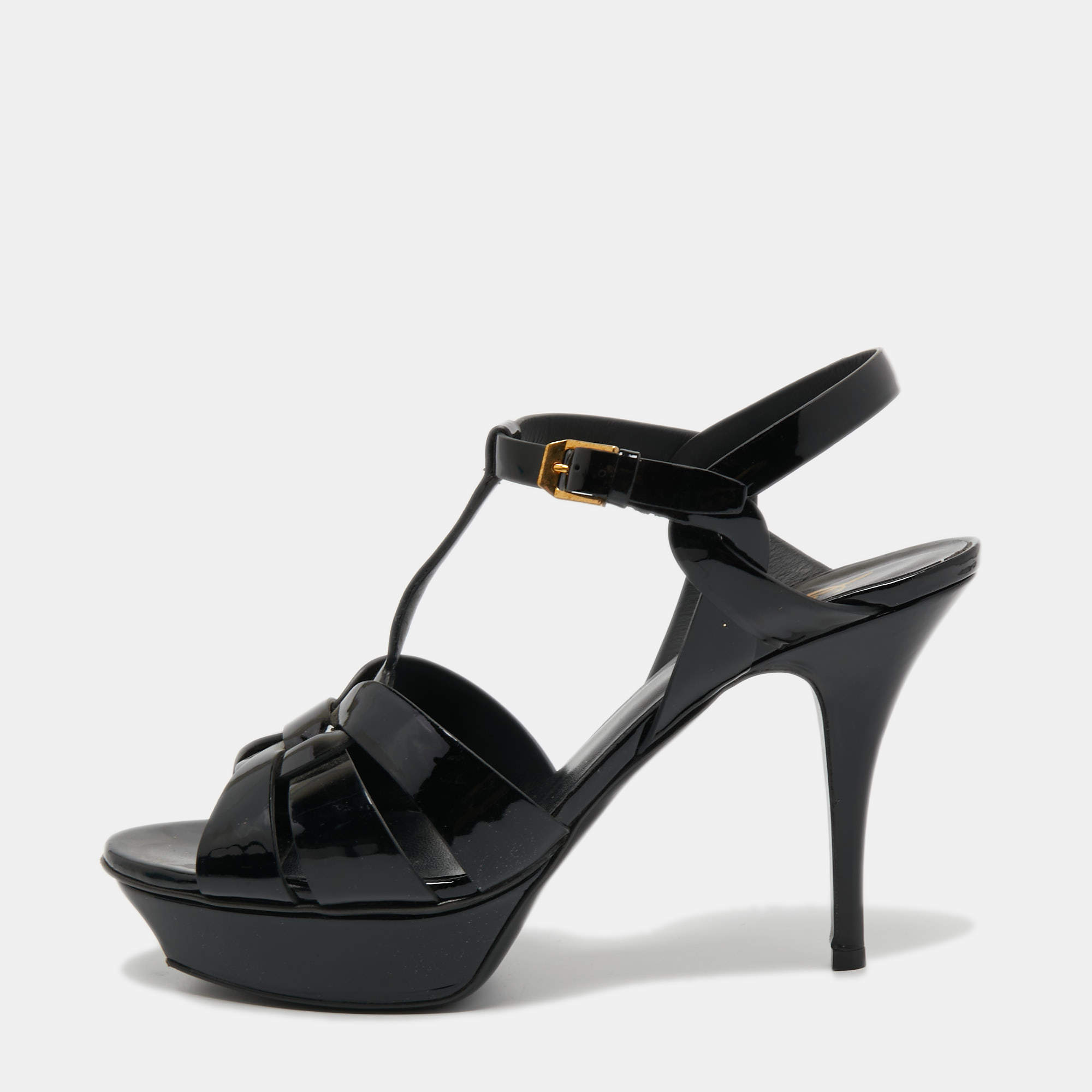 Pre Owned Yves Saint Laurent Black Patent Leather Platform Tribute  Sandals Size 40