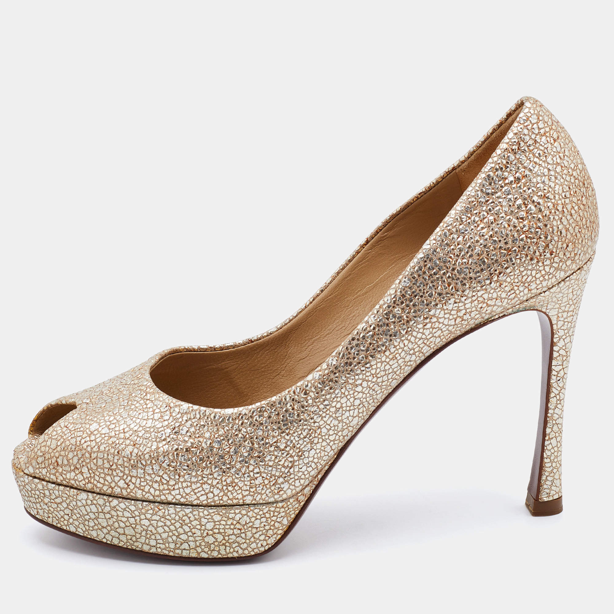 Yves Saint Laurent Gold Textured Leather Peep Toe Platform Pumps Size 37.5