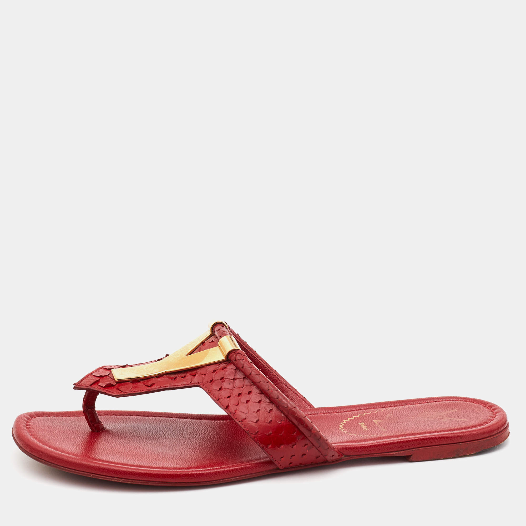 Pre Owned Yves Saint Laurent Red Python Leather Thong Flats Size 37