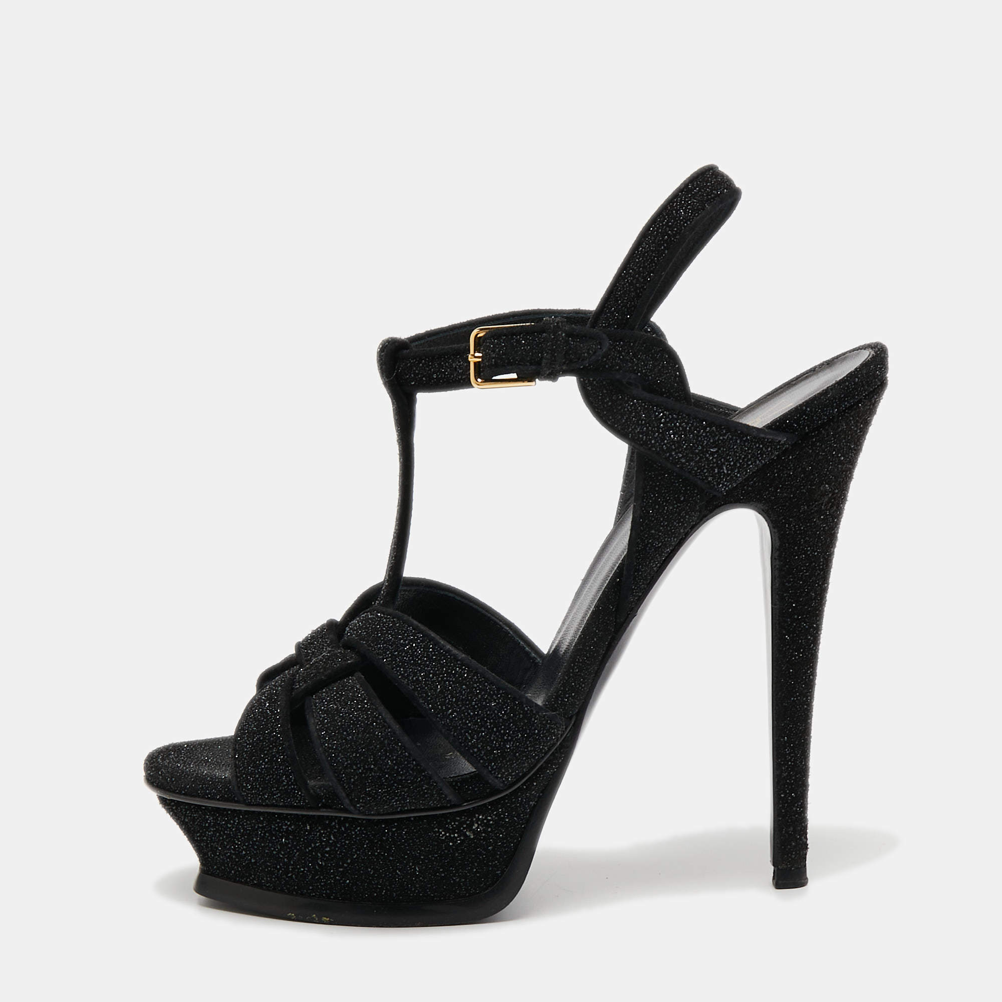 Pre Owned Yves Saint Laurent Black Glitter Suede Tribute Sandals Size 37.5