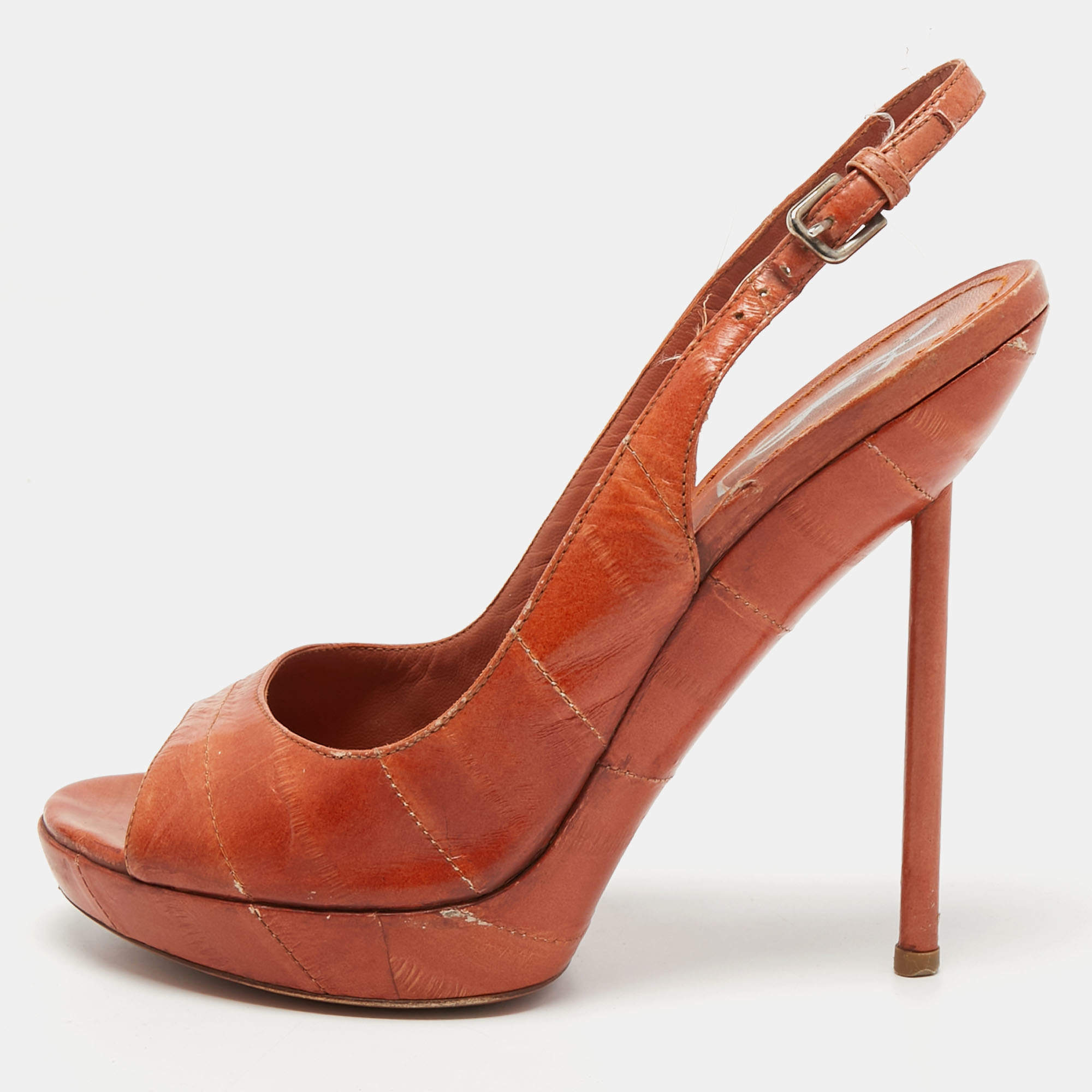 Pre Owned Yves Saint Laurent Orange Eel Leather Slingback Platform Sandals Size 37