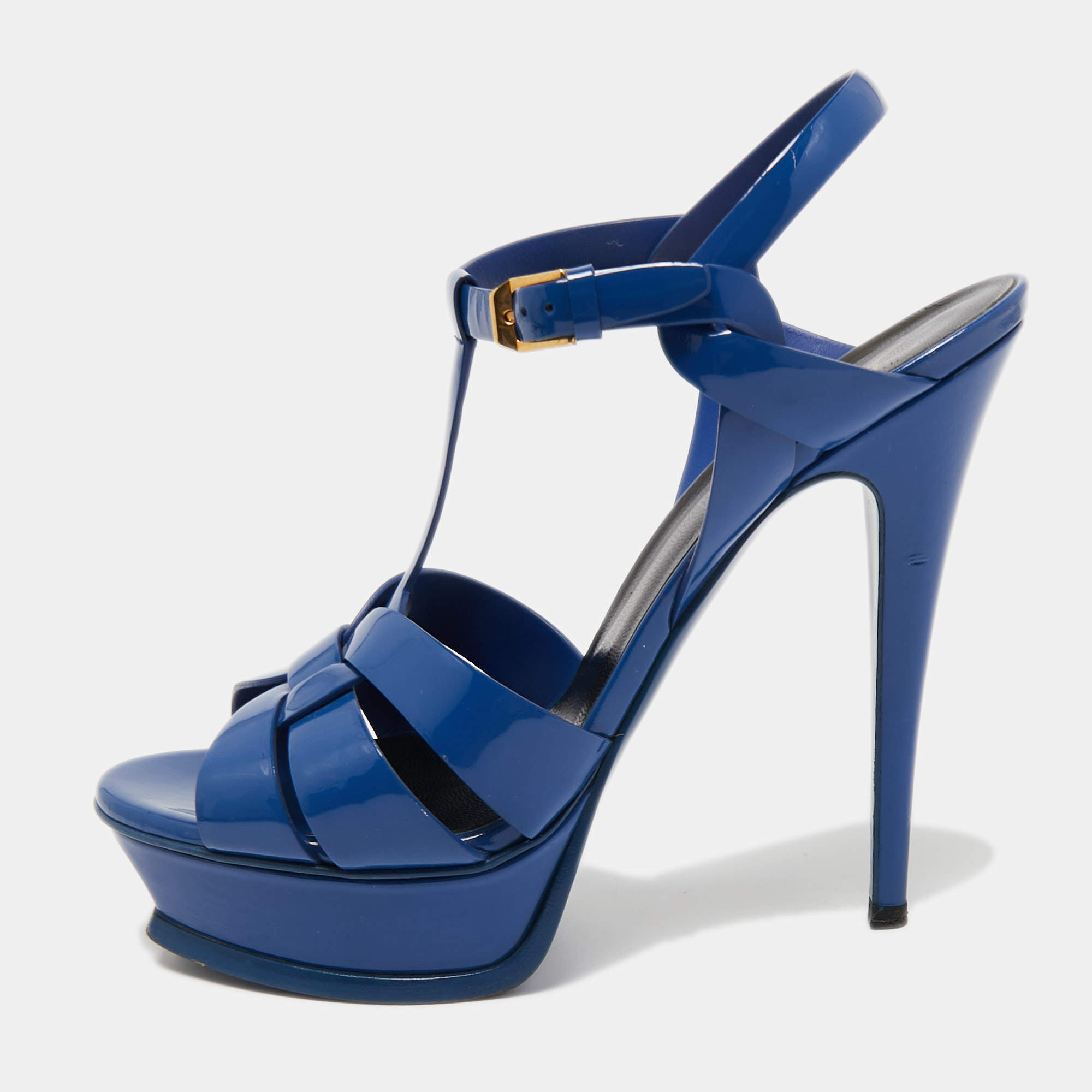 Pre Owned Yves Saint Laurent Blue Patent Tribute Sandals Size 39.5