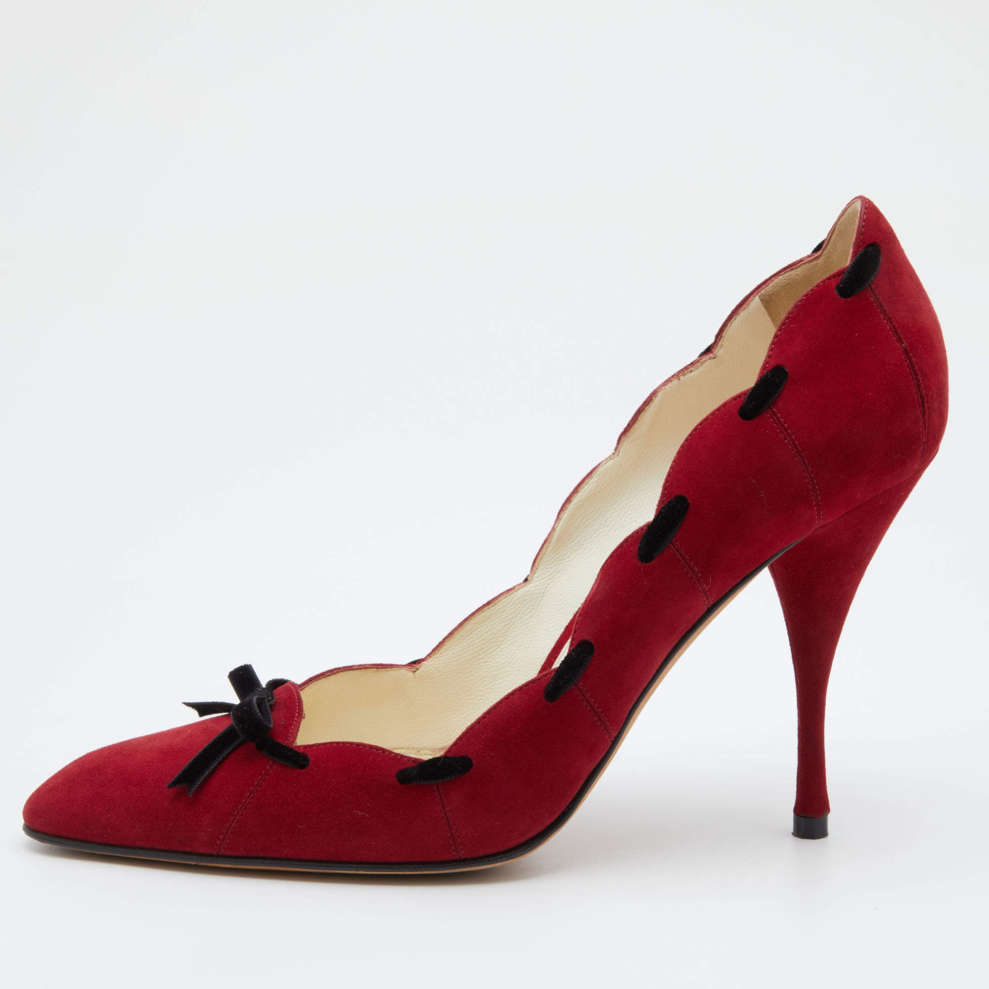 Pre Owned Yves Saint Laurent Red/Black Suede and Velvet Bow Pumps Size 40