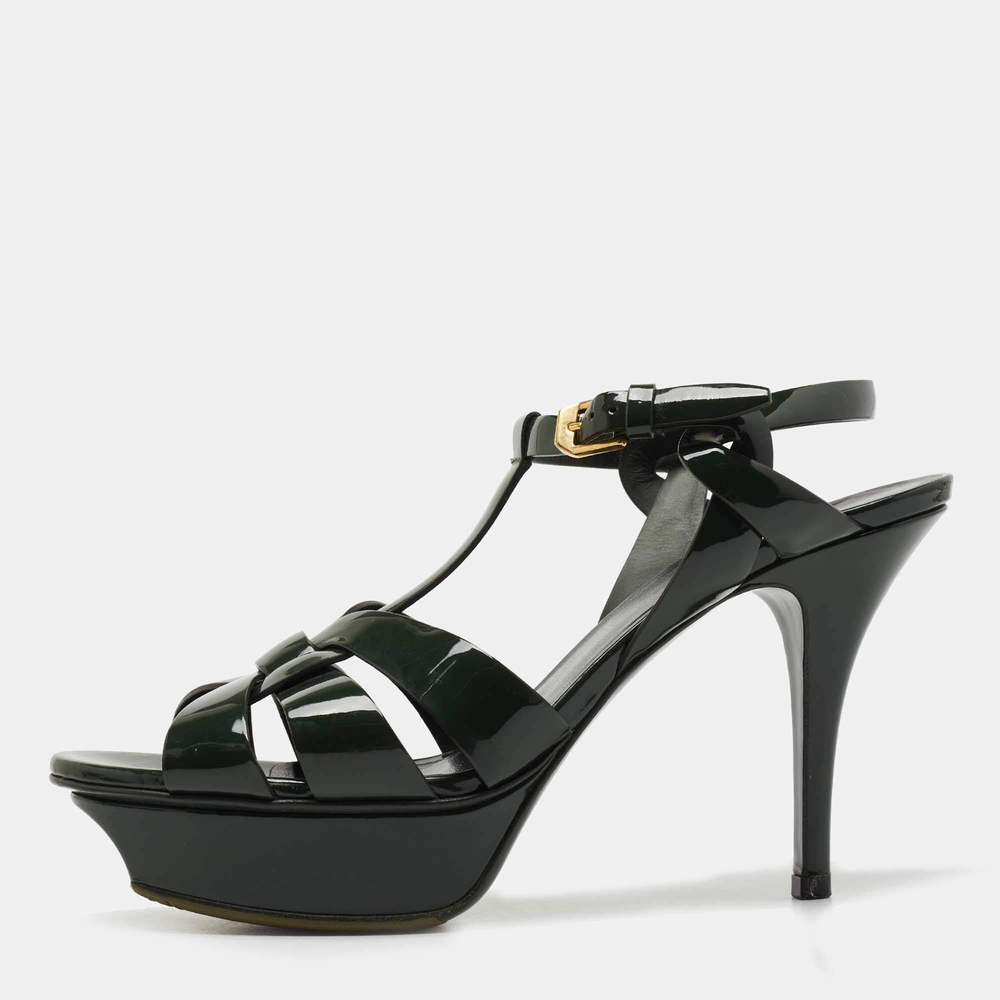Saint Laurent Green Patent Leather Tribute Platform Sandals  Size 38.5
