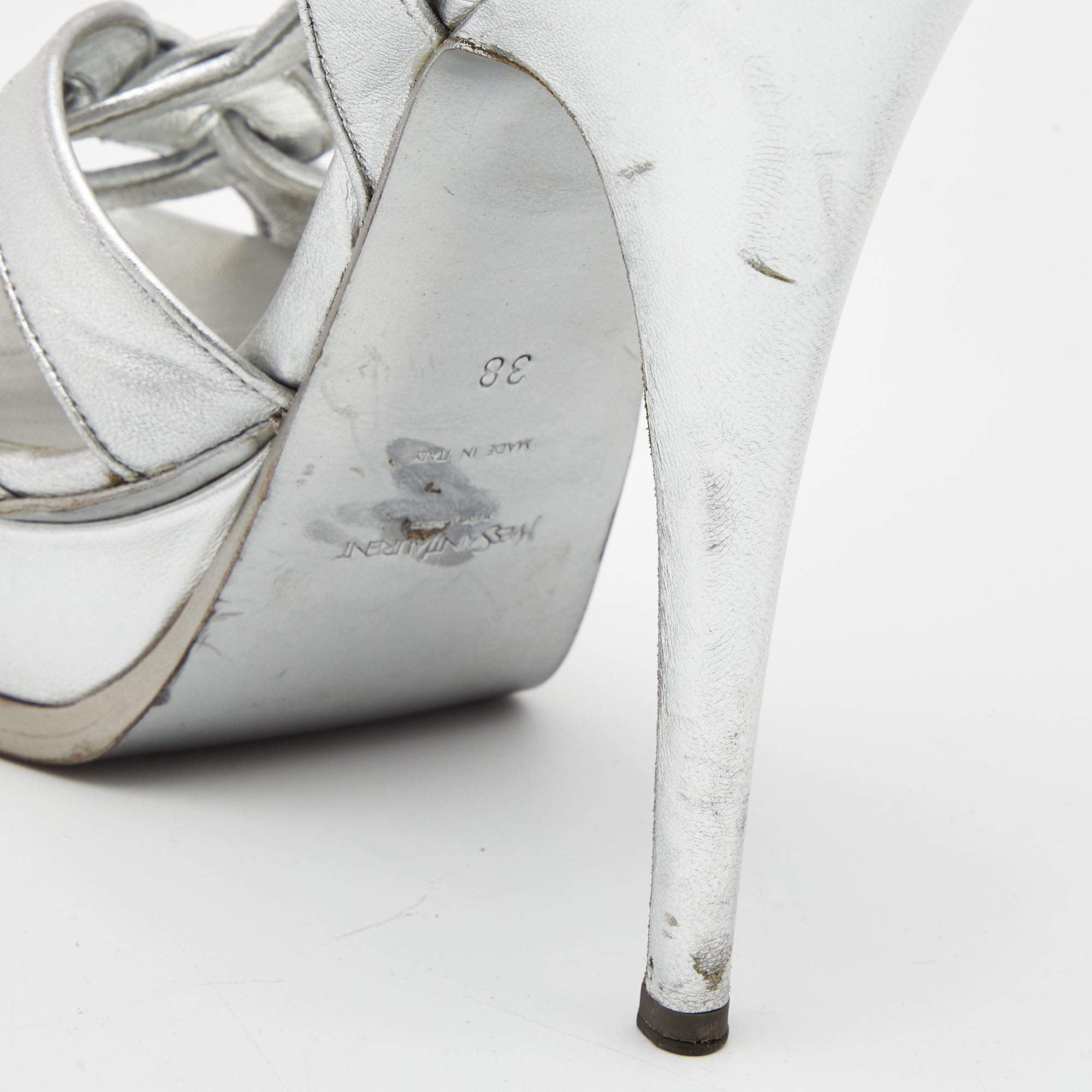 Pre Owned Yves Saint Laurent Silver leather Tribute Sandals Size 38