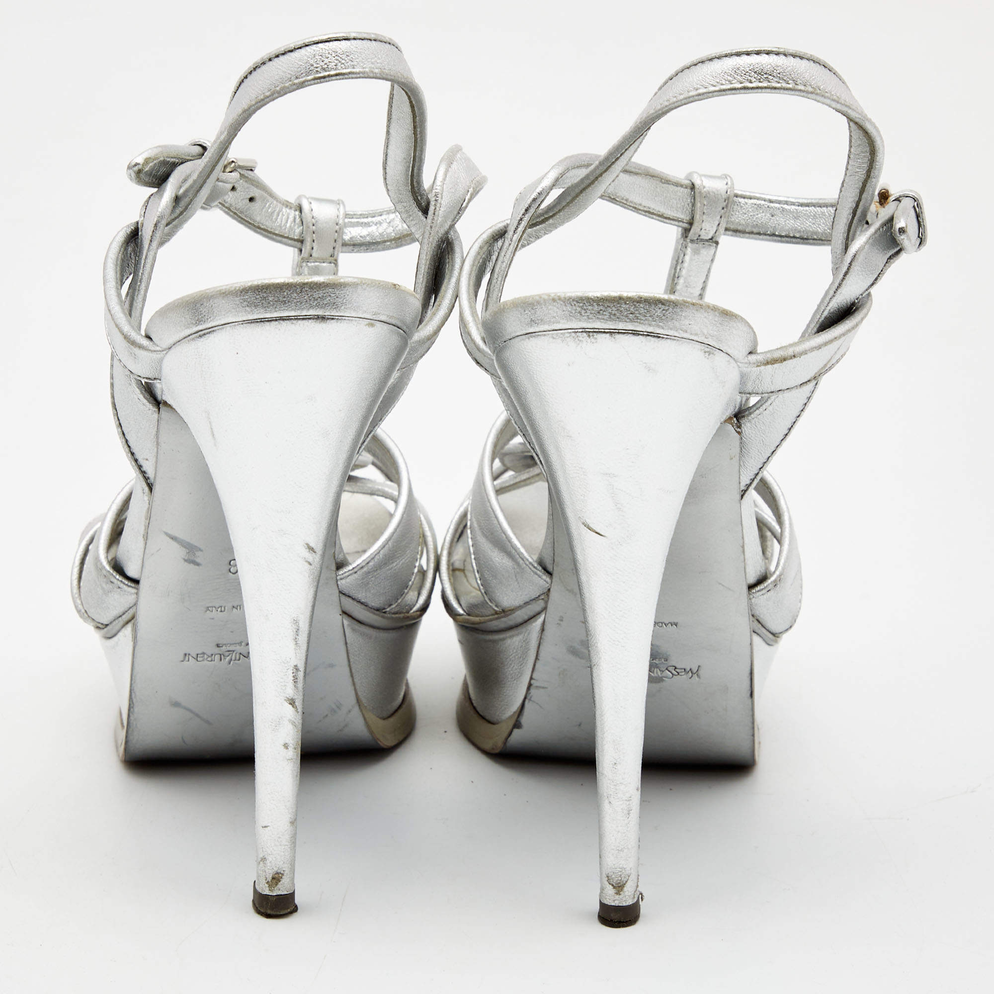Pre Owned Yves Saint Laurent Silver leather Tribute Sandals Size 38