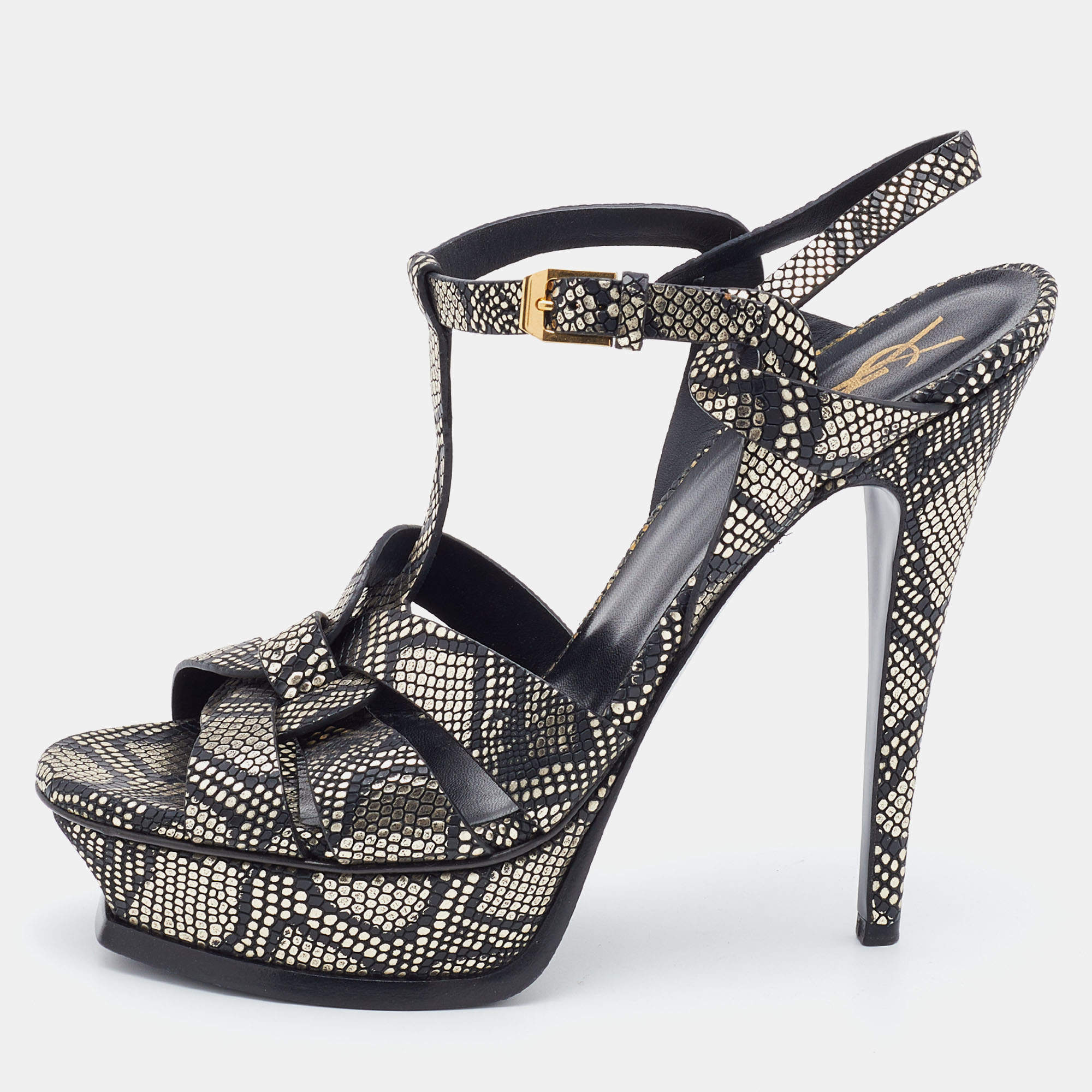 Yves Saint Laurent Metallic Black/Gold Python Embossed Leather Tribute ...