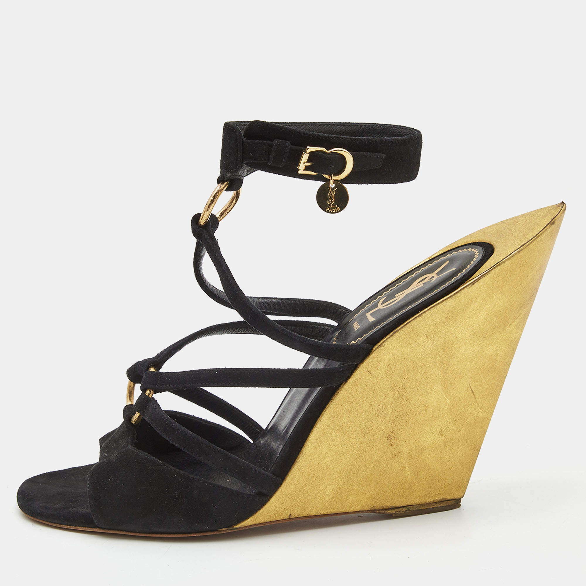 Pre Owned Yves Saint Laurent Black Suede Wedge Ankle Strap Sandals Size 41