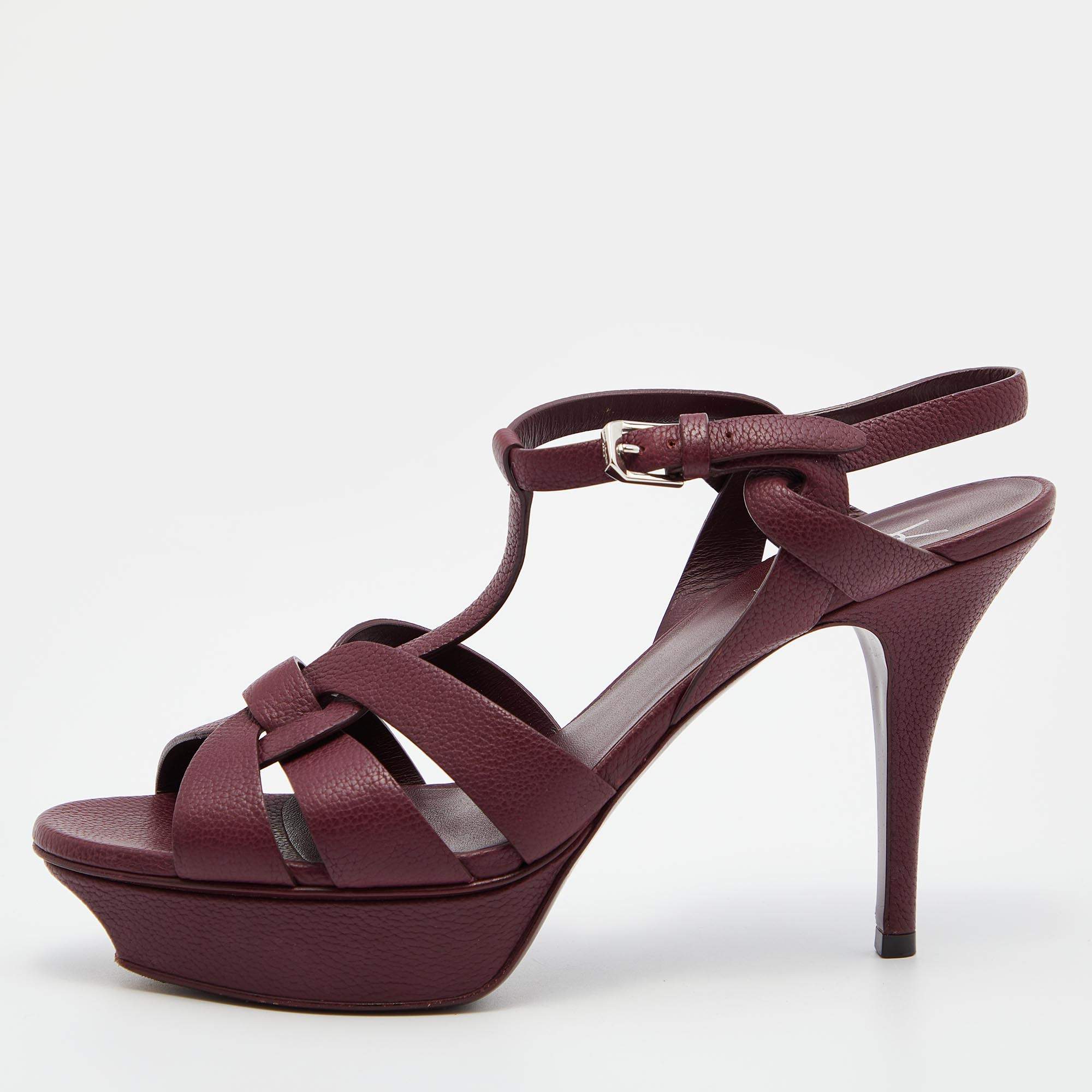 Pre Owned Yves Saint Laurent Burgundy Leather Tribute Sandals Size 40