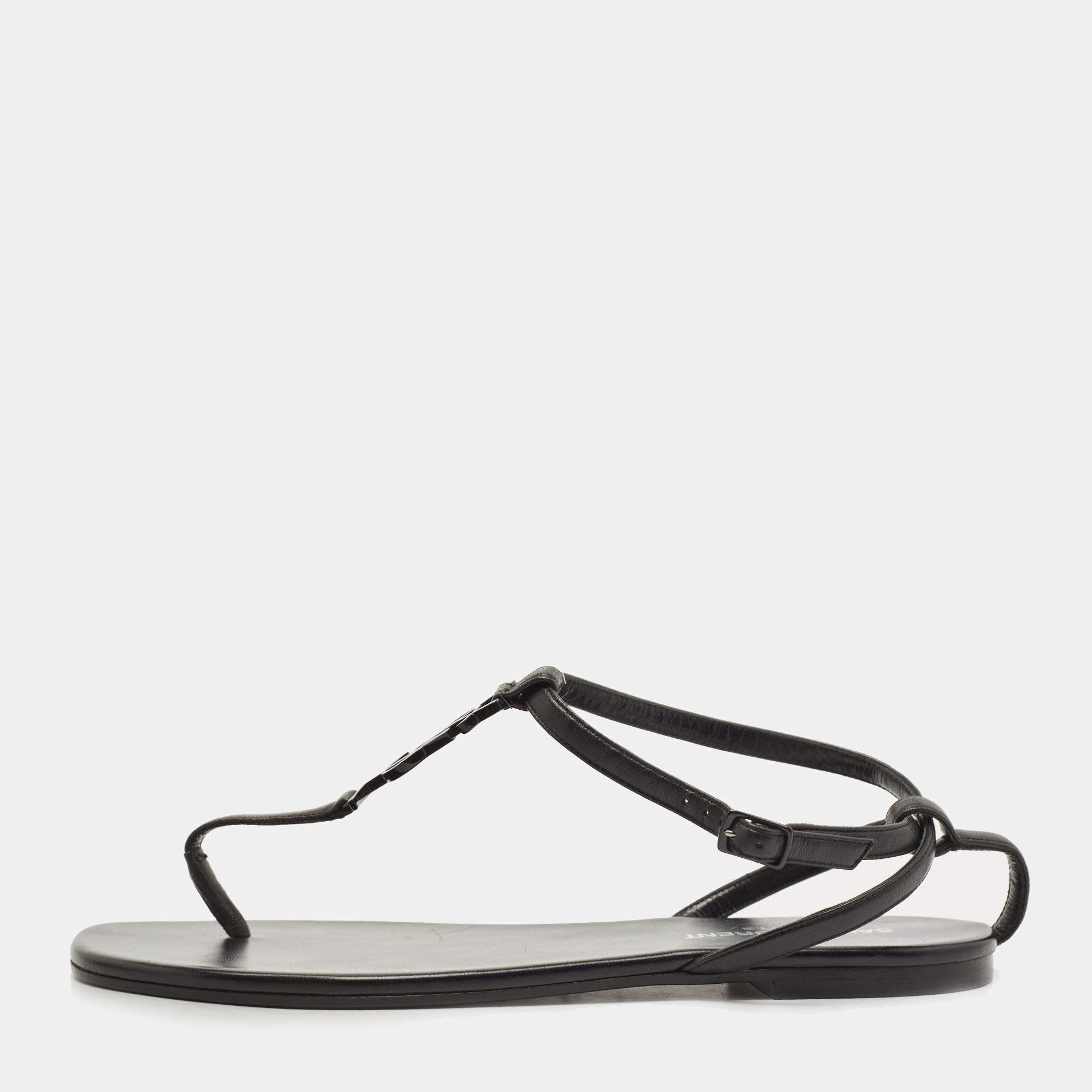 Pre Owned Saint Laurent Black Leather Logo T-Strap Flat Thong Sandals Size 36.5