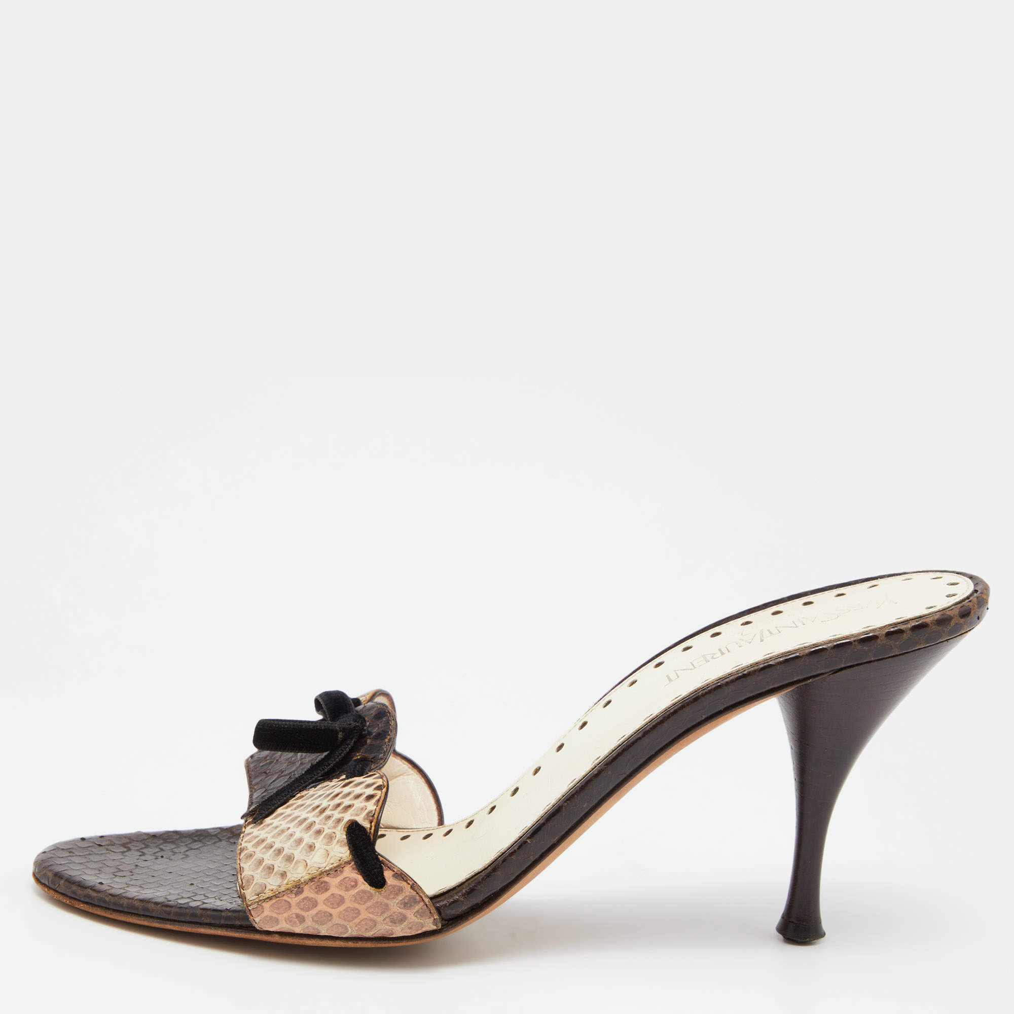 مملوكة مسبقًا Yves Saint Laurent White/Brown Watersnake Slide Sandals Size 39