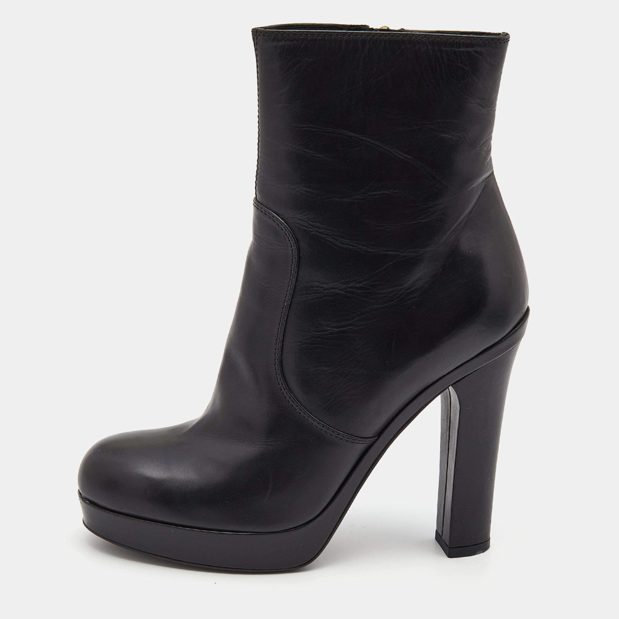 Pre Owned Yves Saint Laurent Black Leather Platform Ankle Booties Size 39