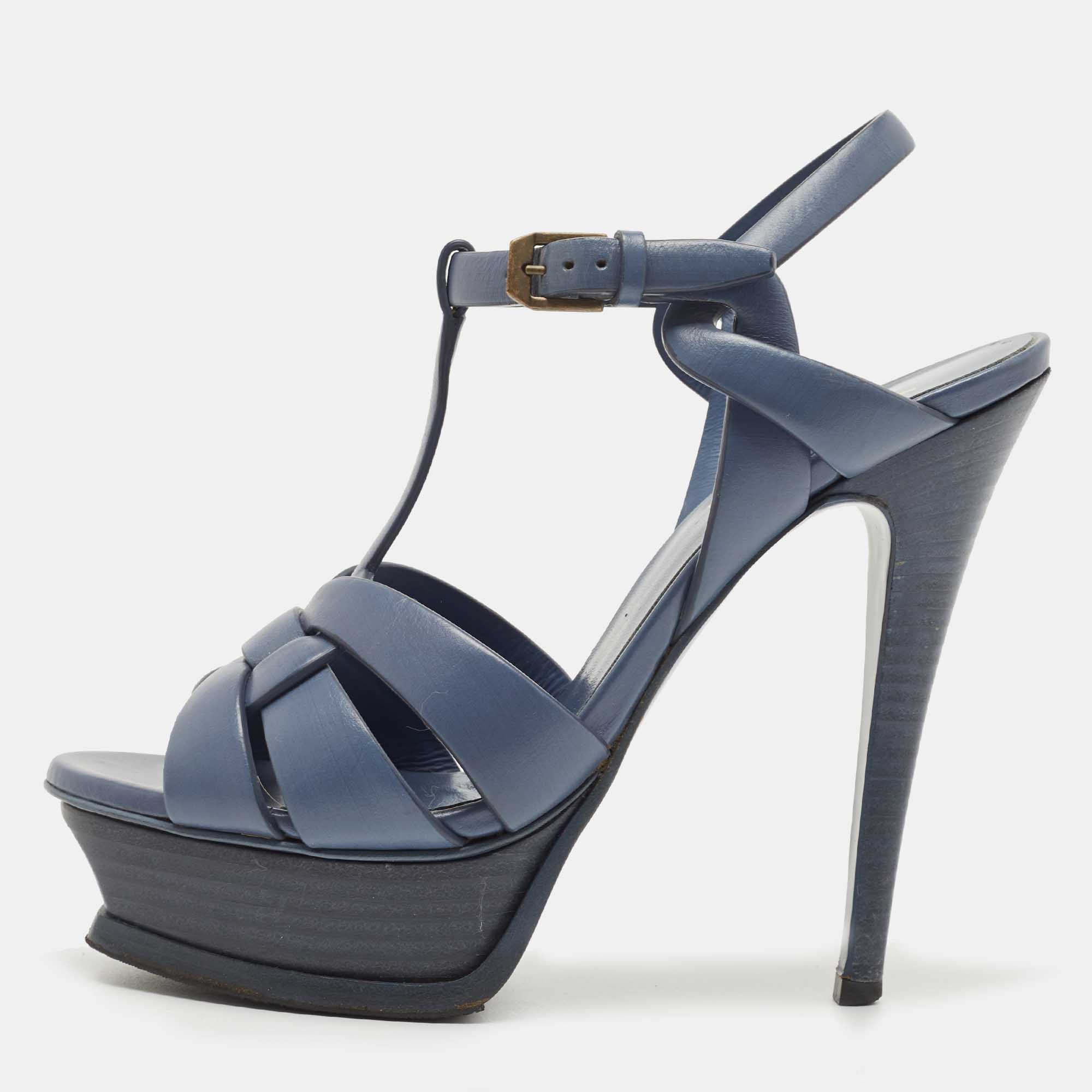 Pre Owned Yves Saint Laurent Navy Blue Leather Tribute Platform Ankle Strap Sandals Size 36