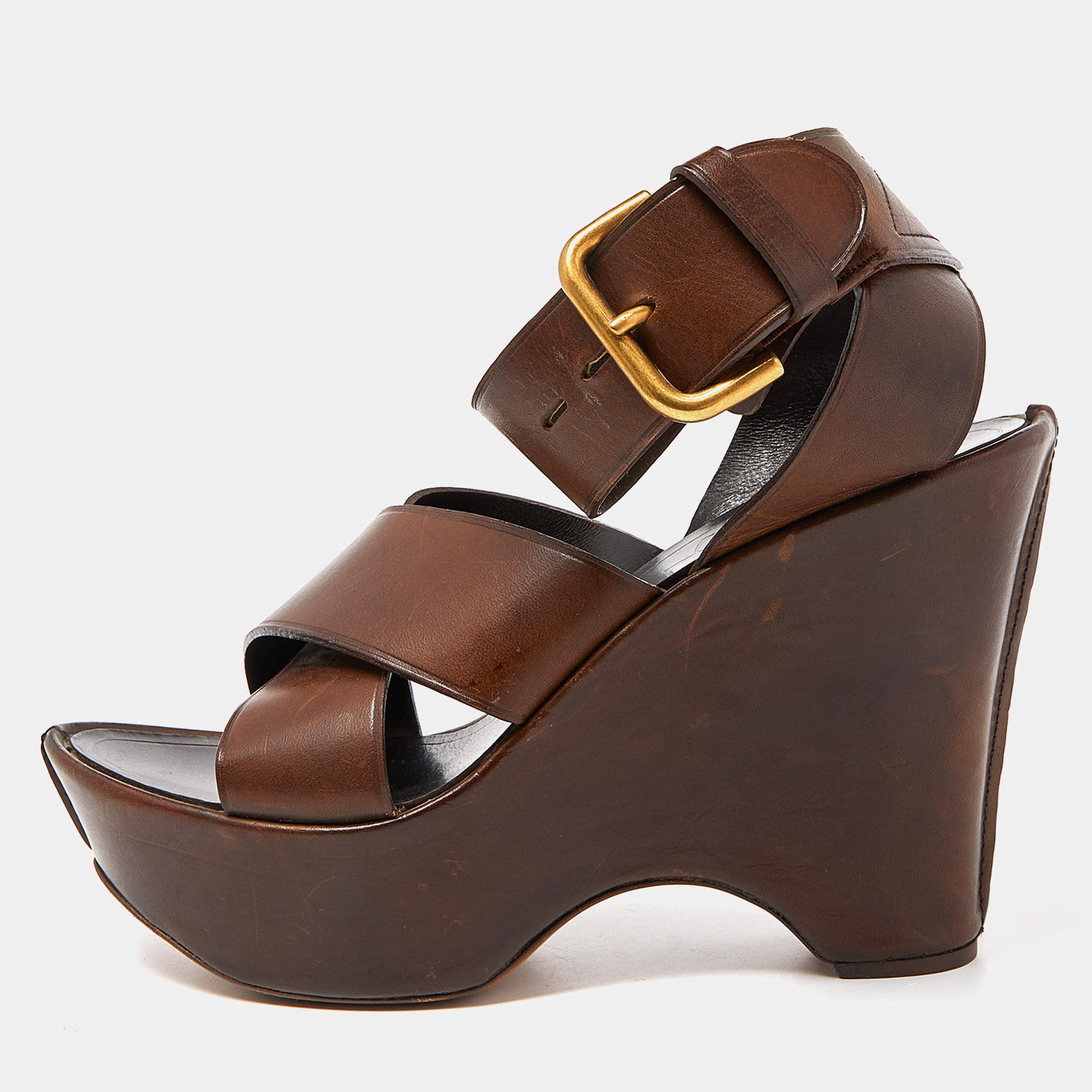 Pre Owned Yves Saint Laurent Brown Leather Wedge Platform Ankle Strap Sandals Size 38