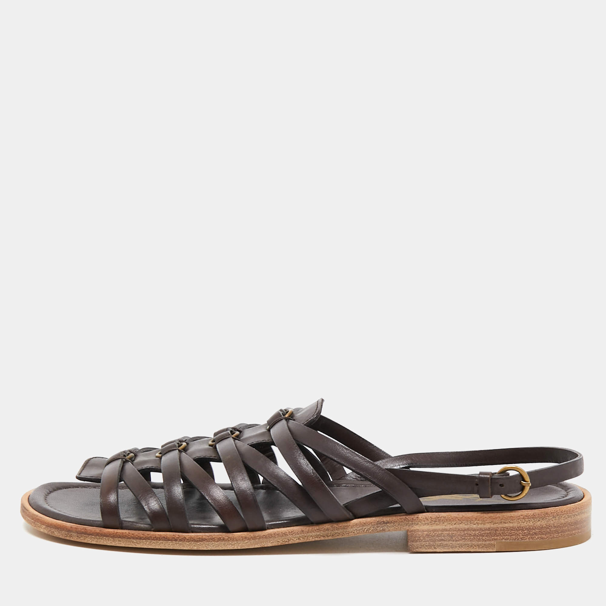 Pre Owned Yves Saint Laurent Brown Leather Strappy Slingback Flat Sandals Size 41