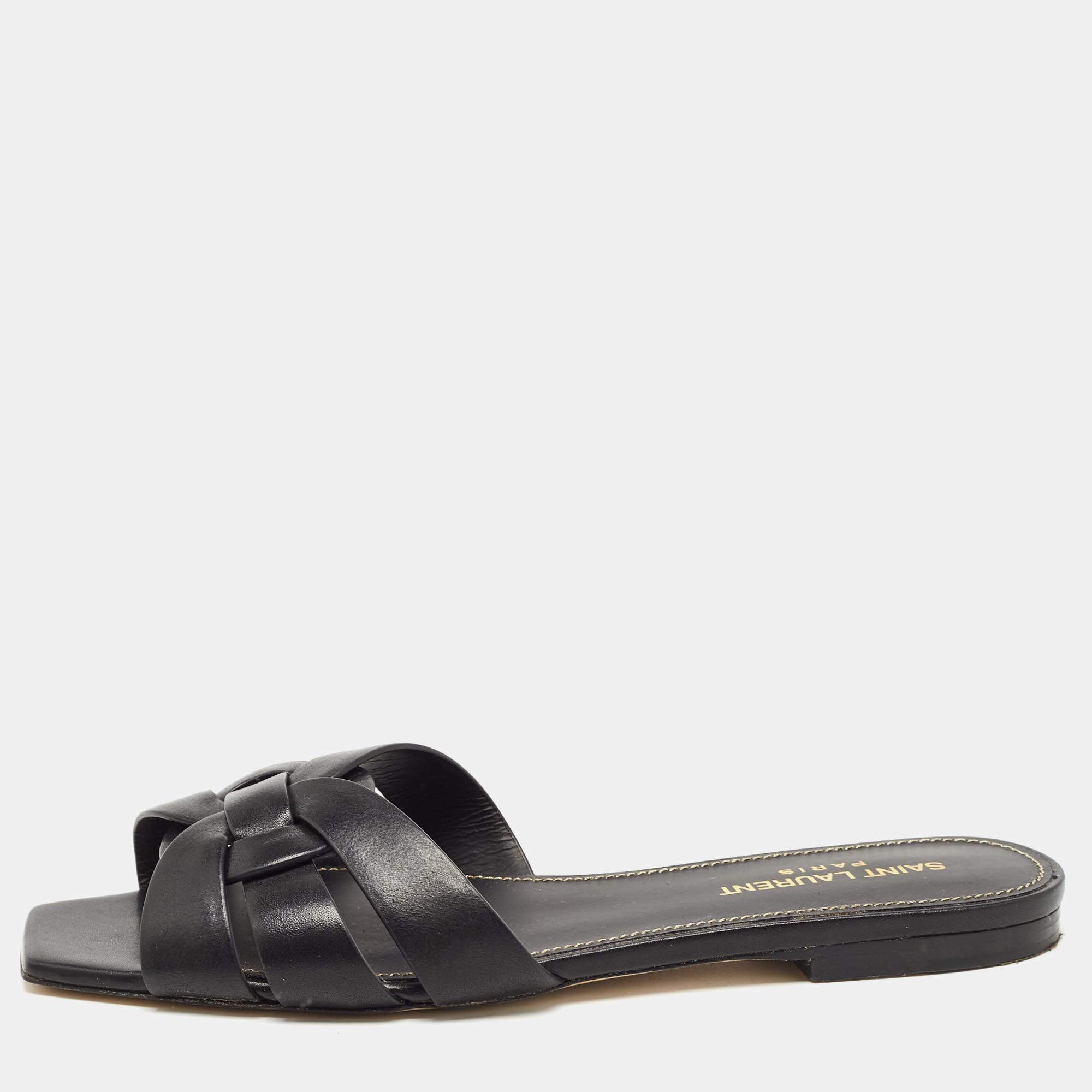 مملوكة مسبقًا Yves Saint Laurent Black Leather Tribute Flat Slides Size 37