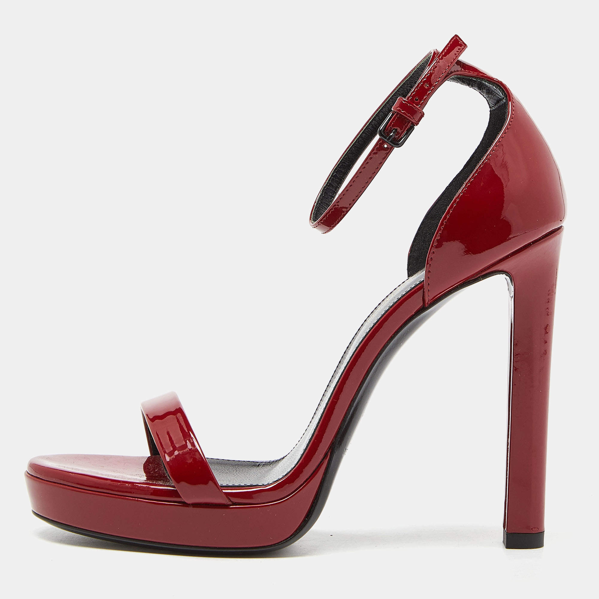 Pre Owned Saint Laurent Red Patent Leather Ankle Strap Sandals Size 36