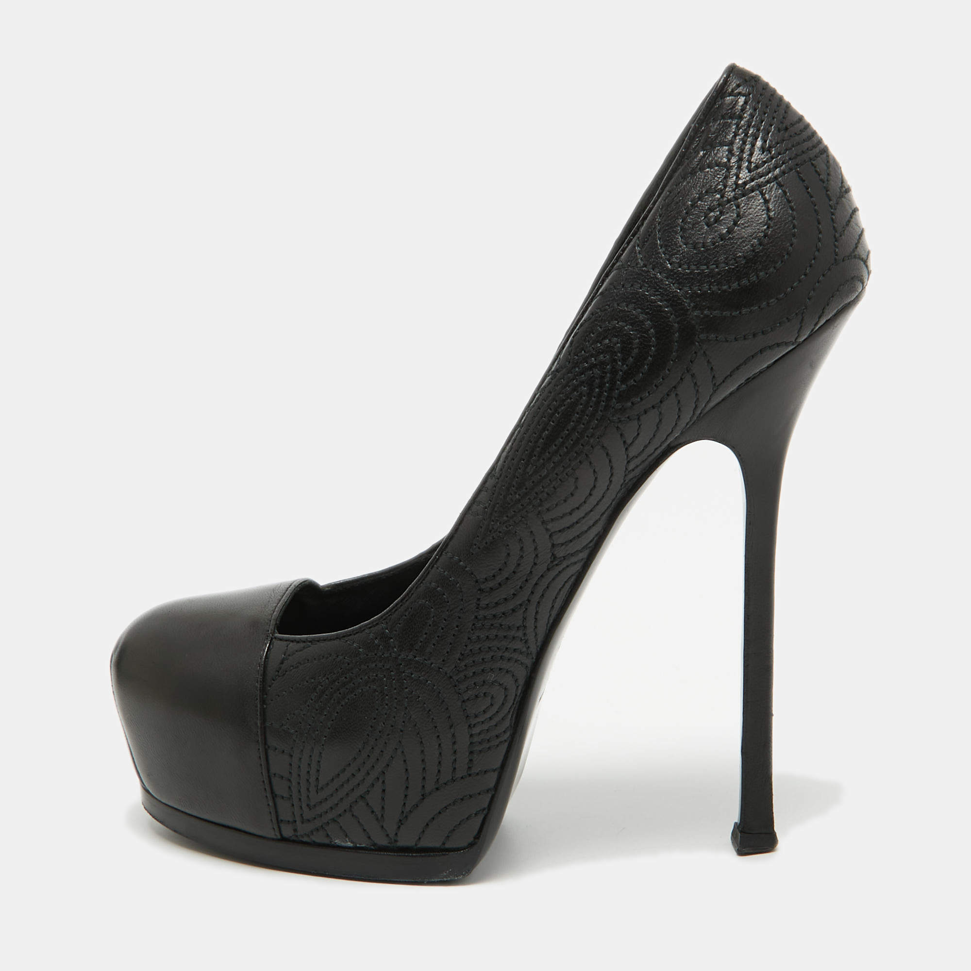Pre Owned Yves Saint Laurent Black Leather Stitch Detail Tribtoo Pumps Size 40