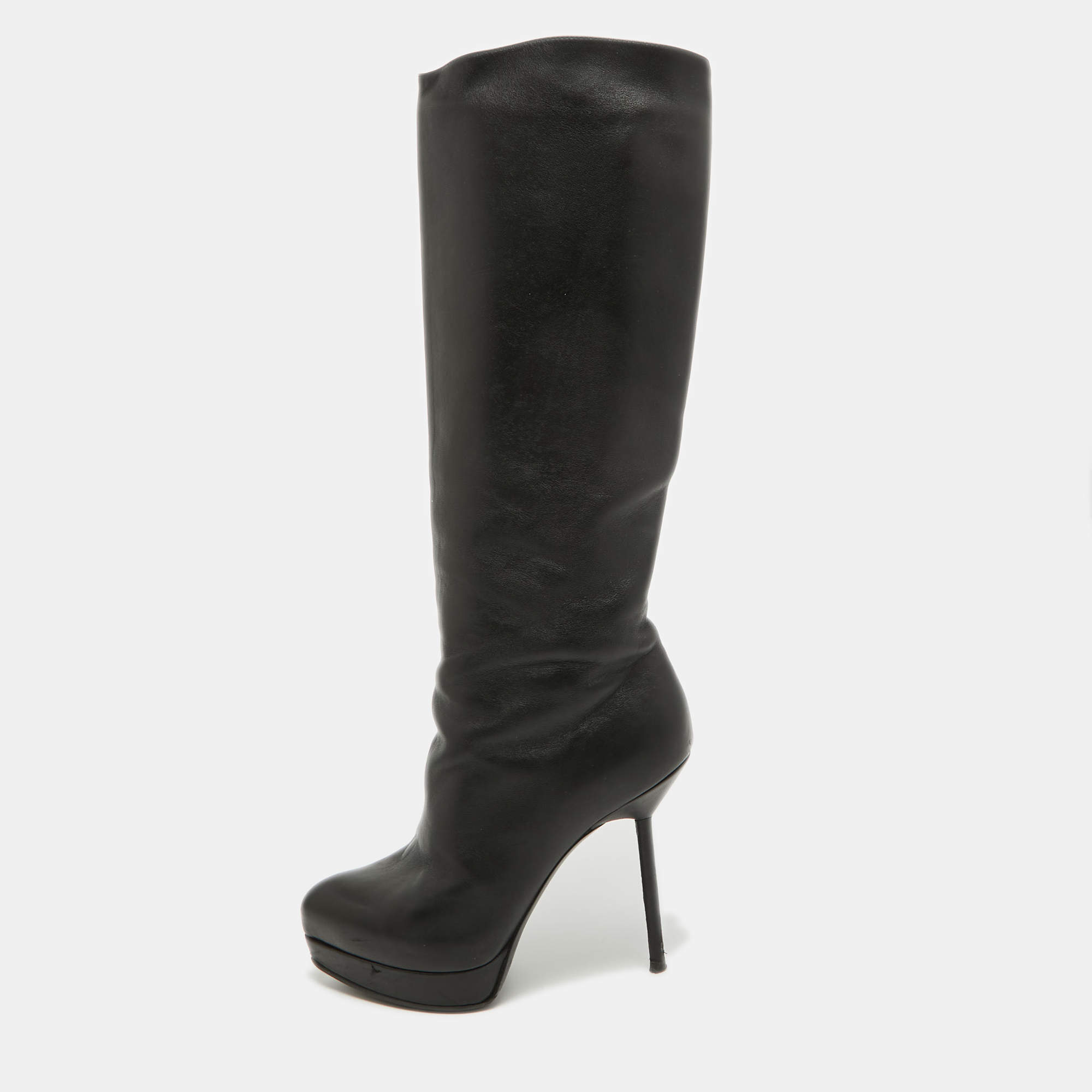 Yves Saint Laurent Black Leather Platform Knee Length Boots Size 36